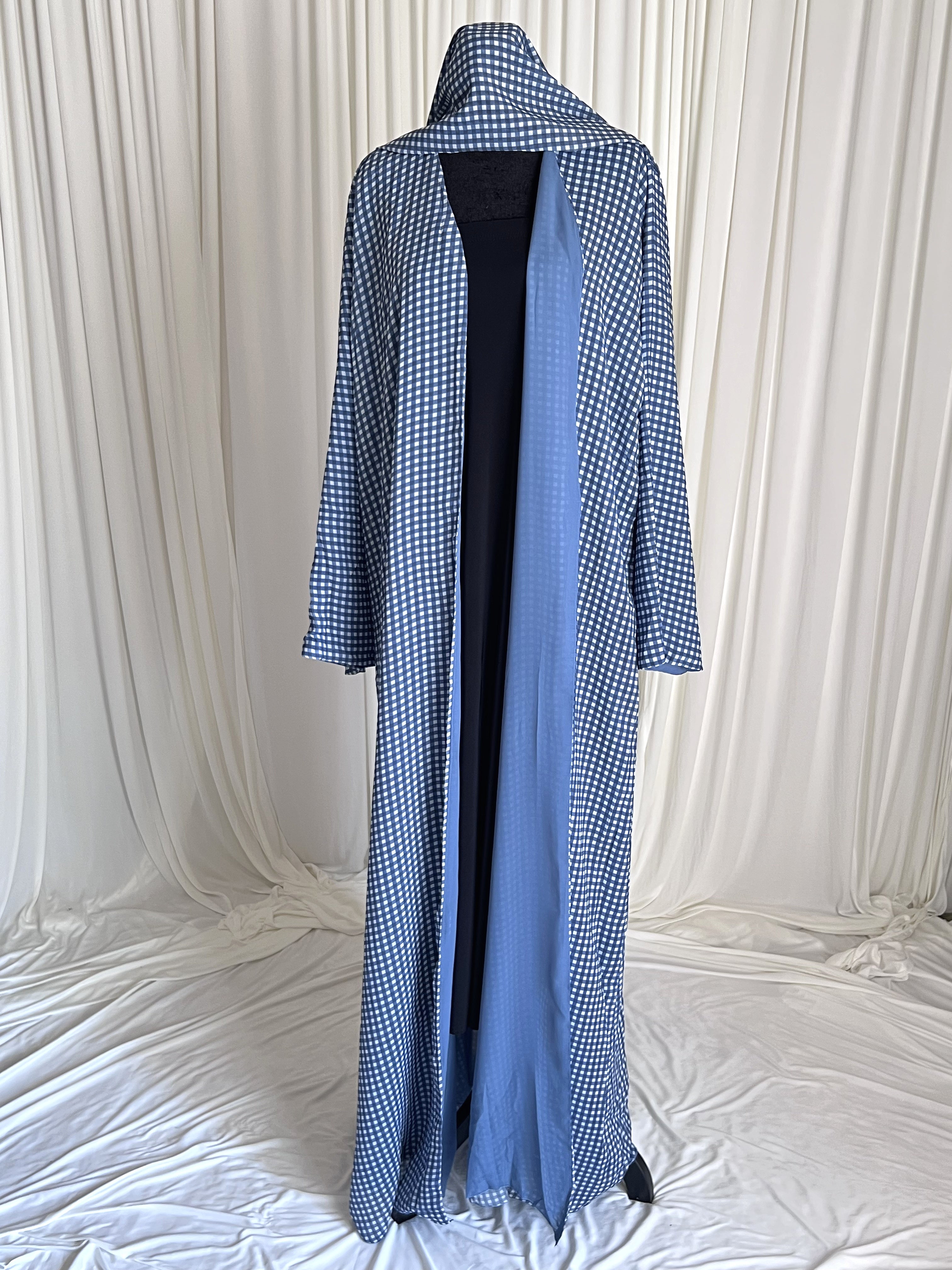 Coastal Gingham Check Double Chiffon Open Abaya Set front view on mannequin with matching hijab