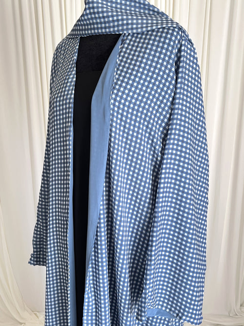 Coastal Gingham Check Double Chiffon Open Abaya Set angled close view