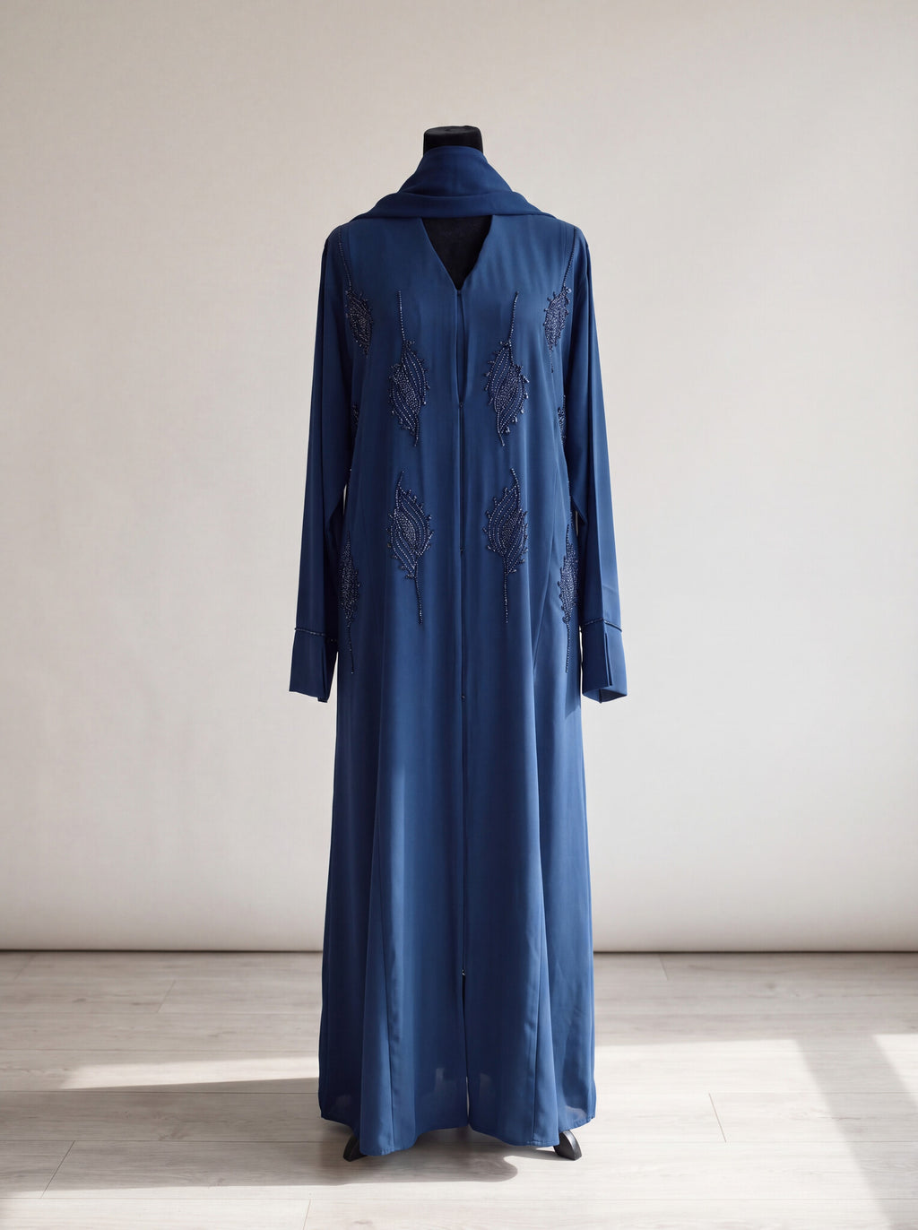 Dalal Abaya - Midnight Teal front view with pearl leaf embellishment and matching hijab