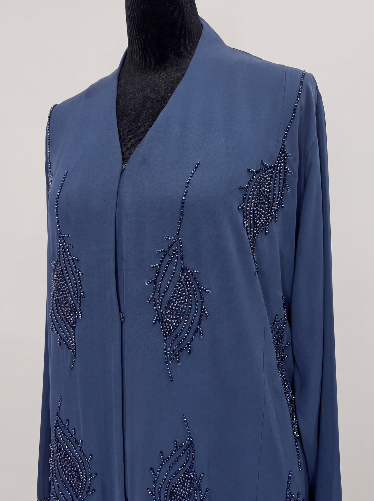 Dalal Abaya - Midnight Teal side view showing open front and long sleeve