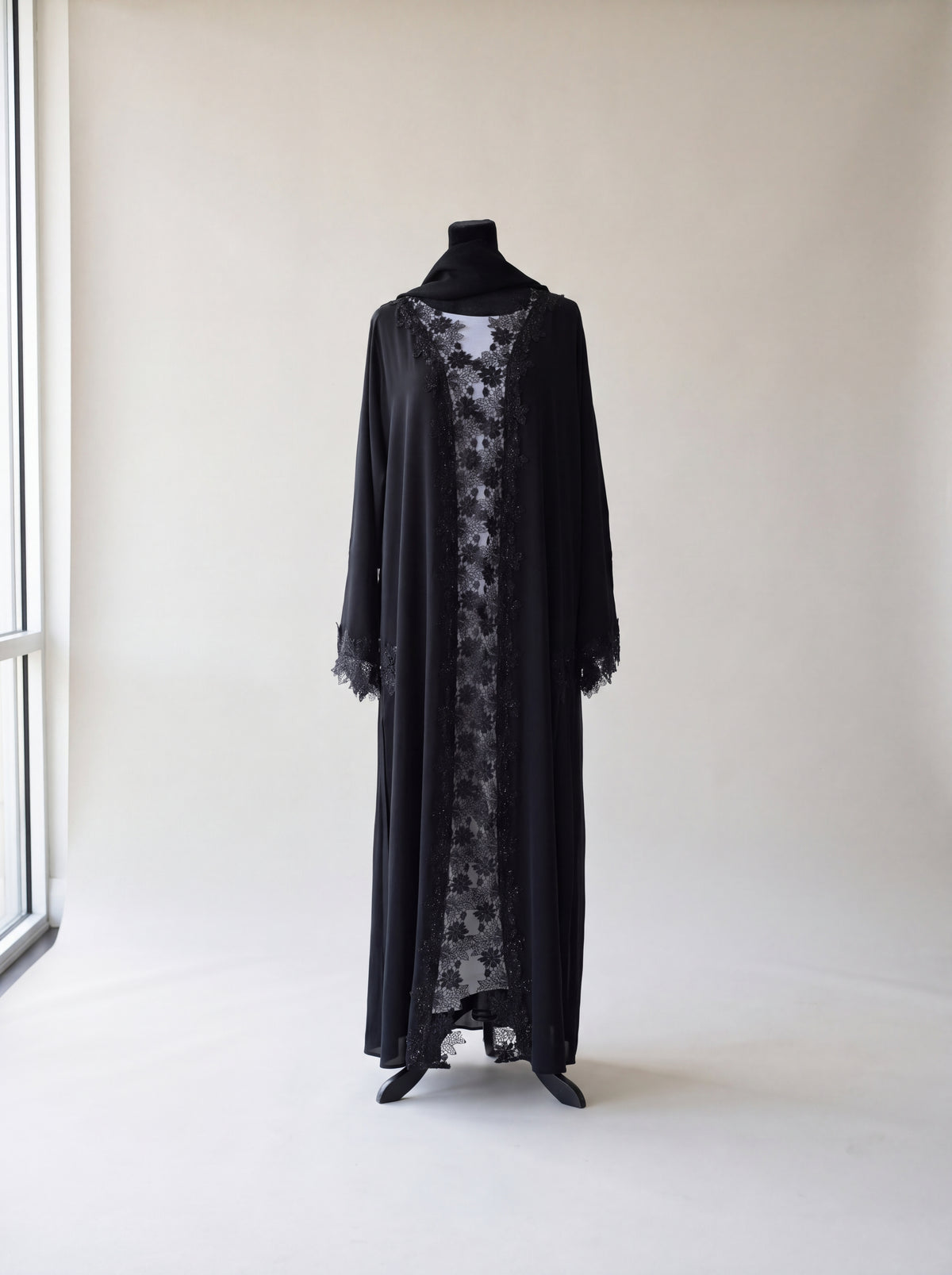 Dantel Abaya - Black front view with floral lace and matching hijab