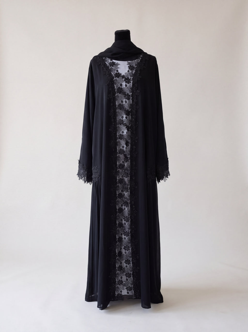 Dantel Abaya - Black front view with floral lace and matching hijab