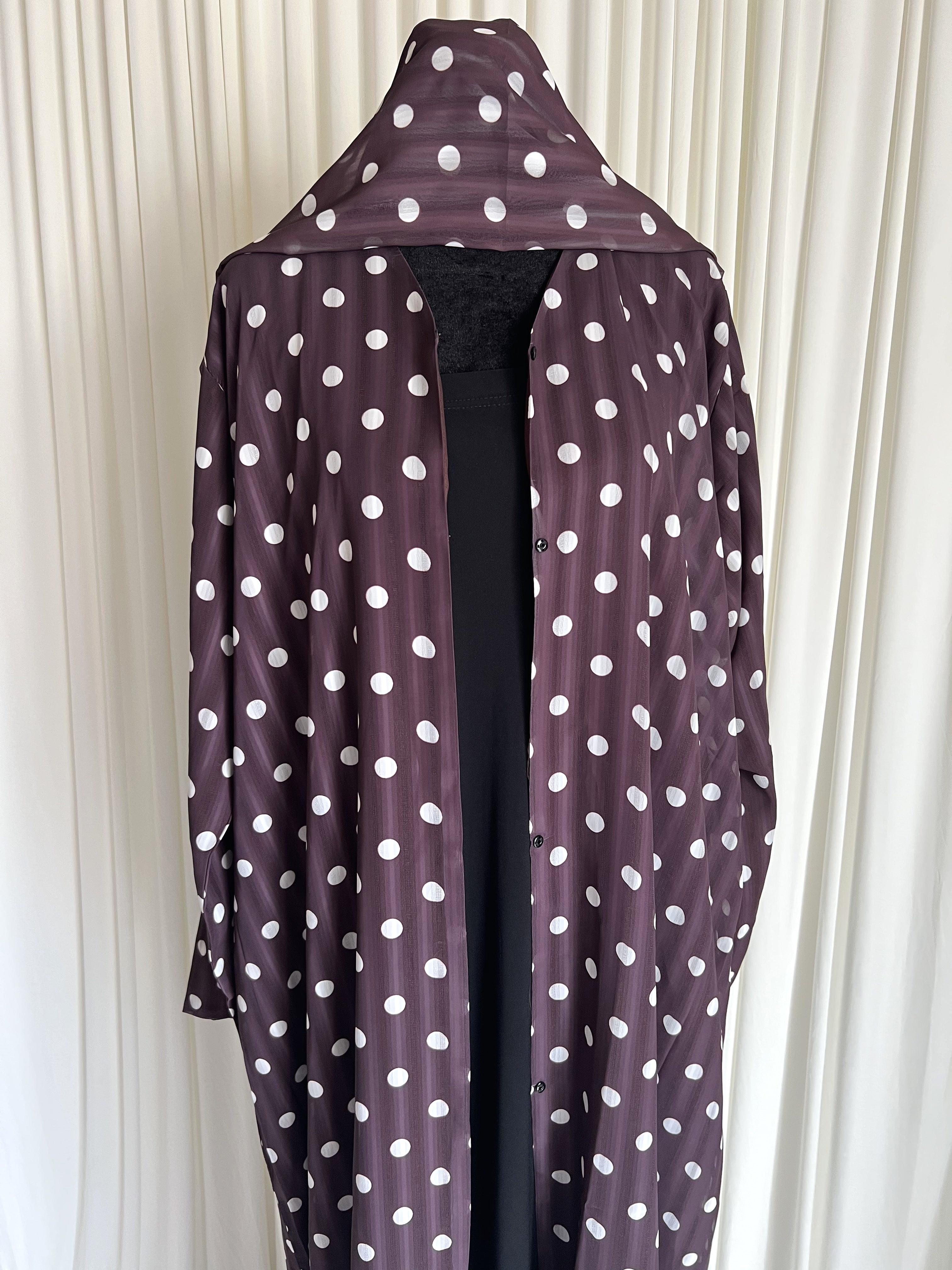 Dotted Grace Polka Dot Open Abaya Set dark chocolate with white dots front view on mannequin
