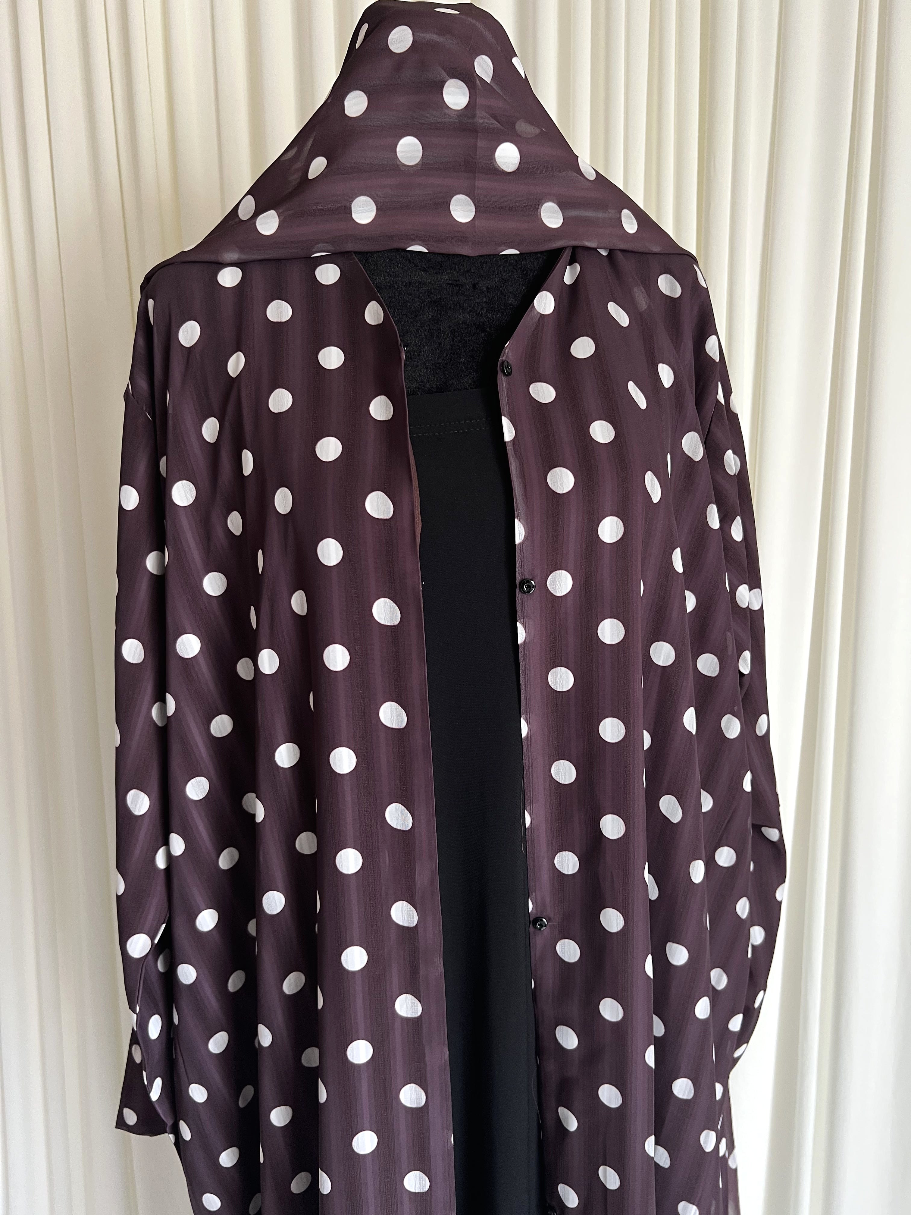 Dotted Grace Polka Dot Open Abaya Set dark chocolate with white dots open front view