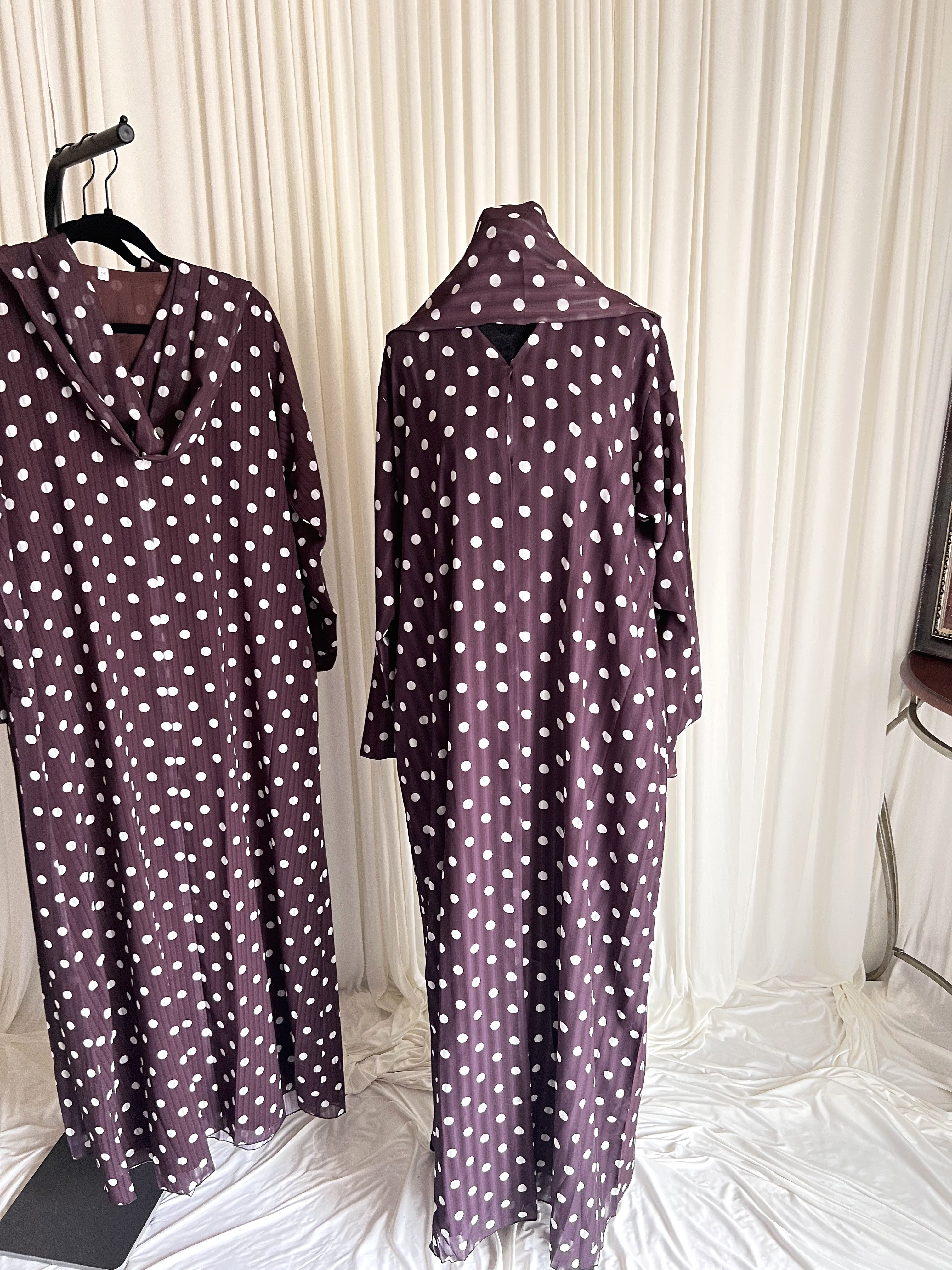 Dotted Grace Polka Dot Open Abaya Set dark chocolate abaya and hijab displayed together
