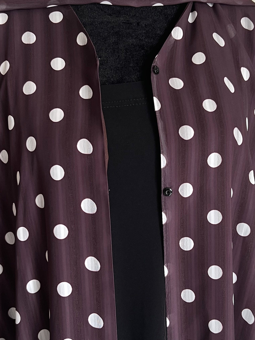 Dotted Grace Polka Dot Open Abaya Set chocolate colorway dot print close up