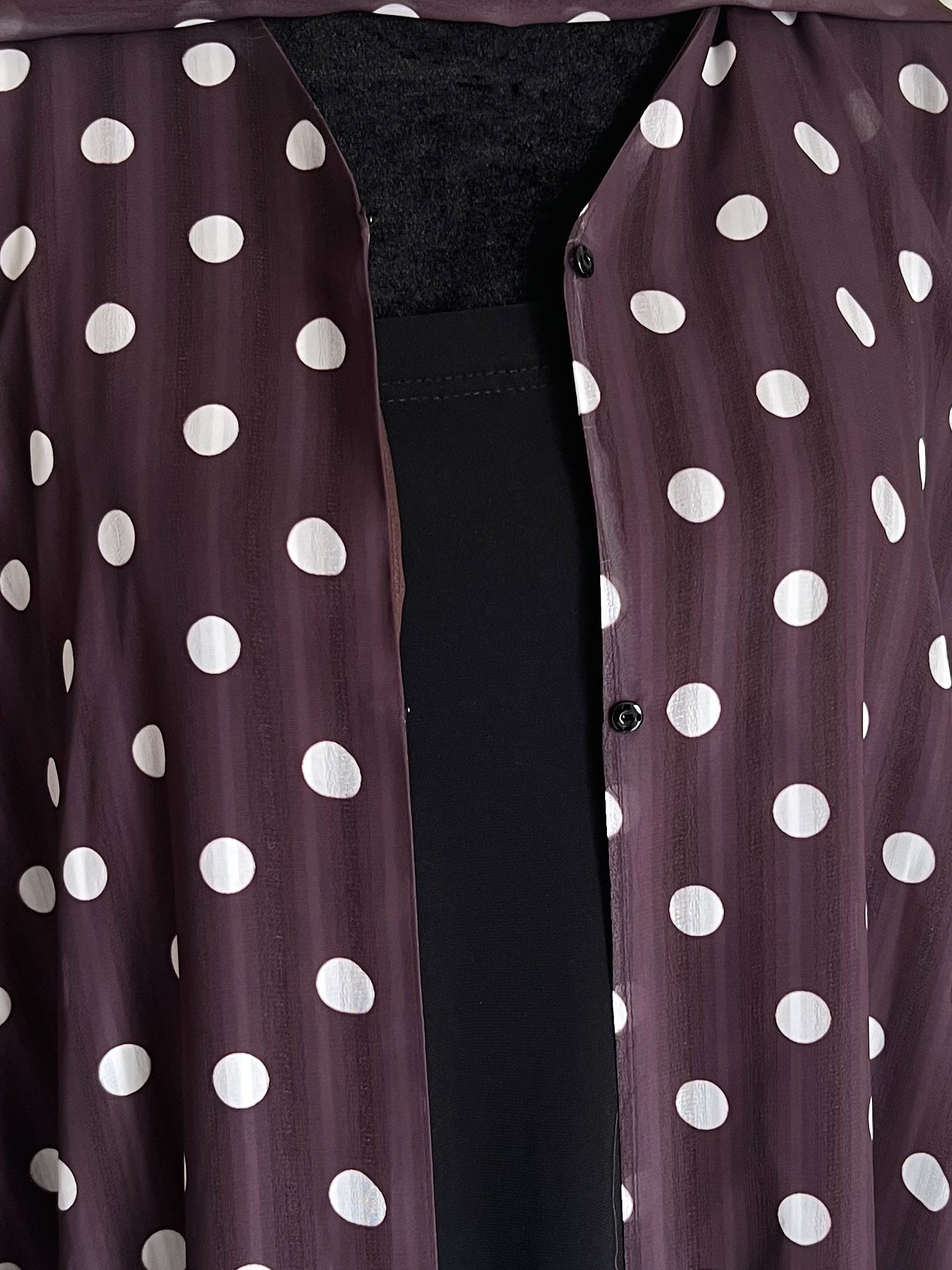 Dotted Grace Polka Dot Open Abaya Set chocolate colorway dot print close up