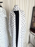 Dotted Grace Polka Dot Open Abaya Set white with black dots front view on mannequin