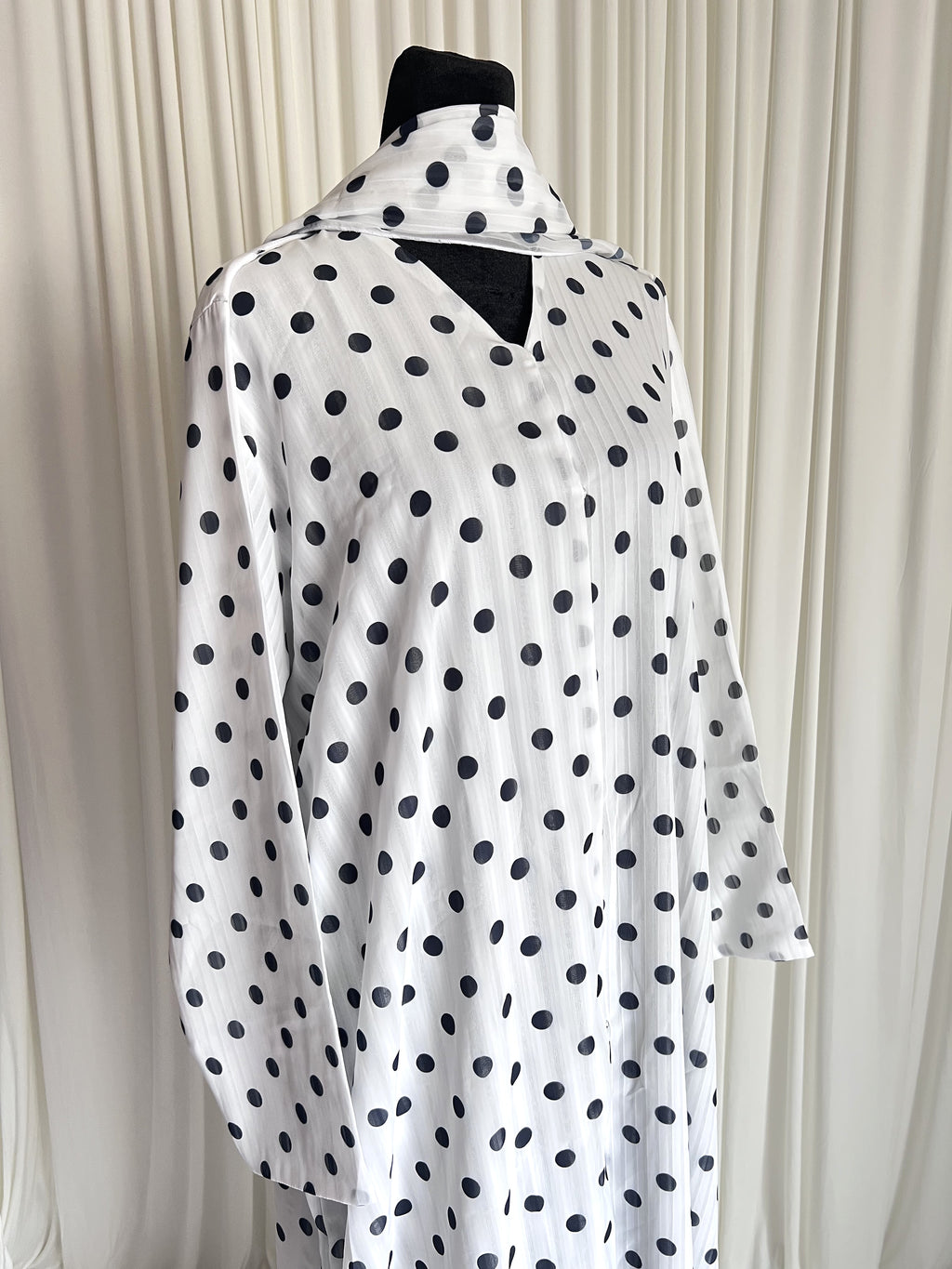 Dotted Grace Polka Dot Open Abaya Set white with black dots angled view