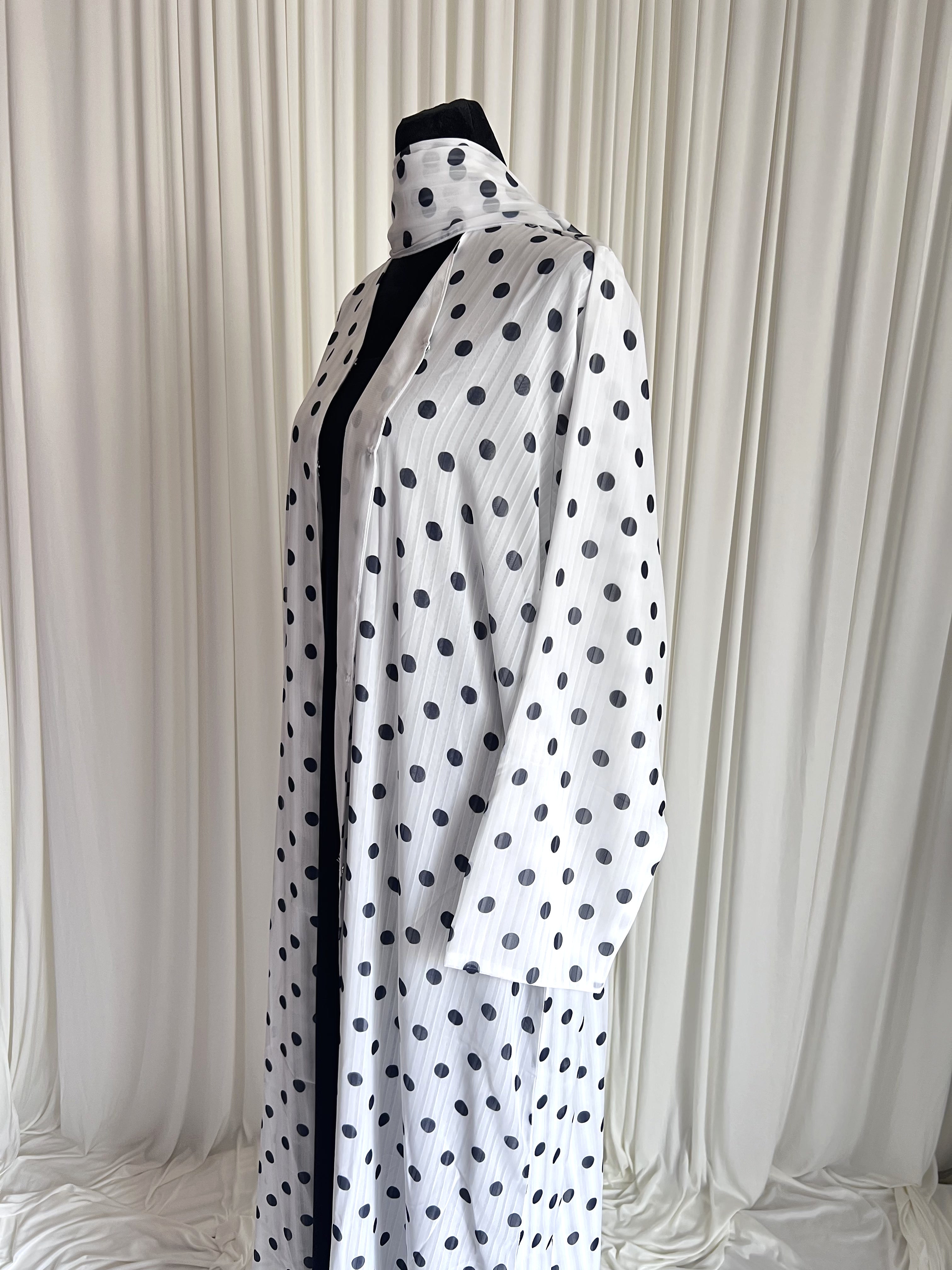 Dotted Grace Polka Dot Open Abaya Set white with black dots side profile