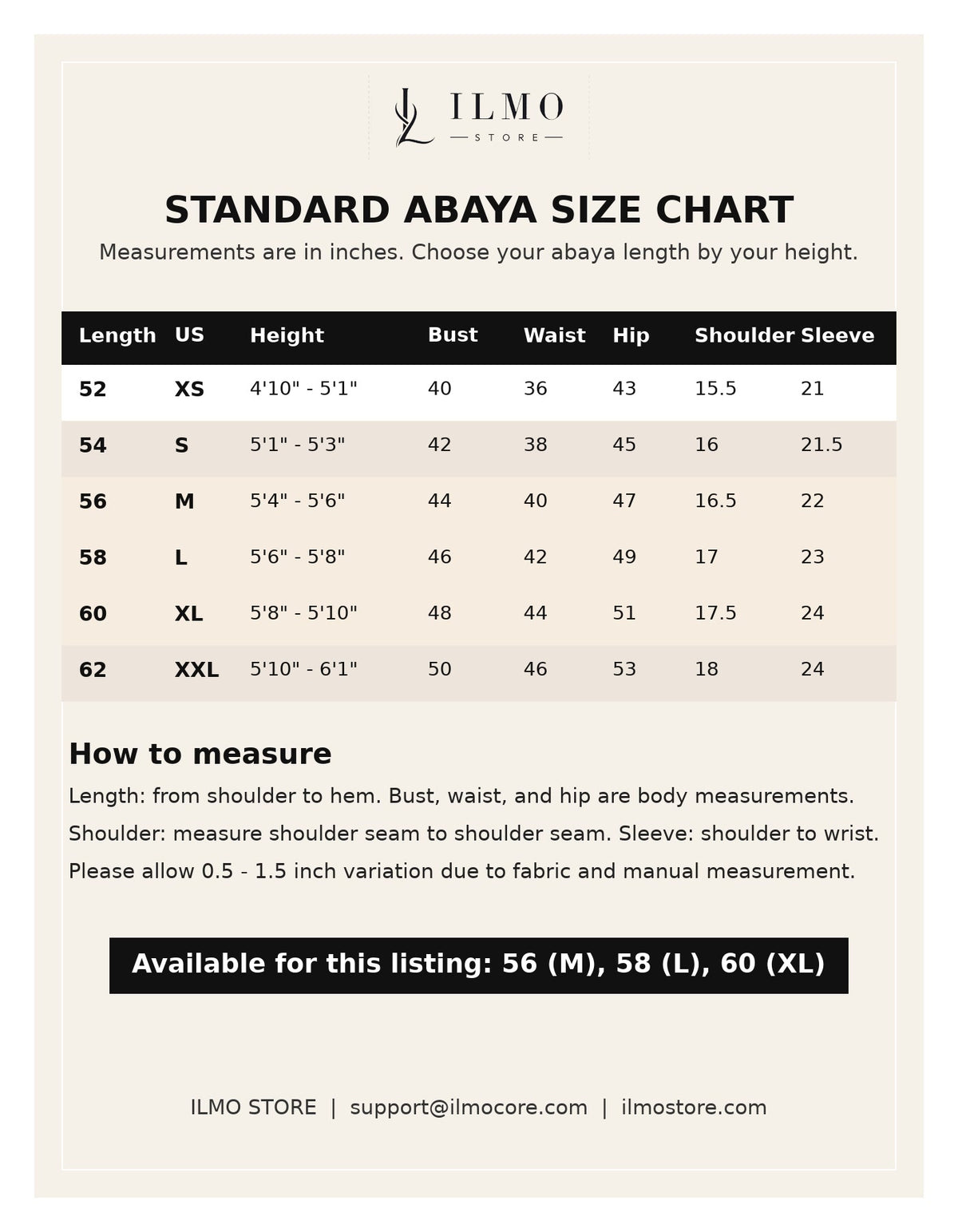 ILMO STORE standard abaya size chart with support email
