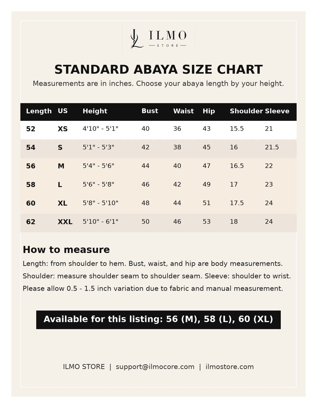 ILMO STORE standard abaya size chart with support email