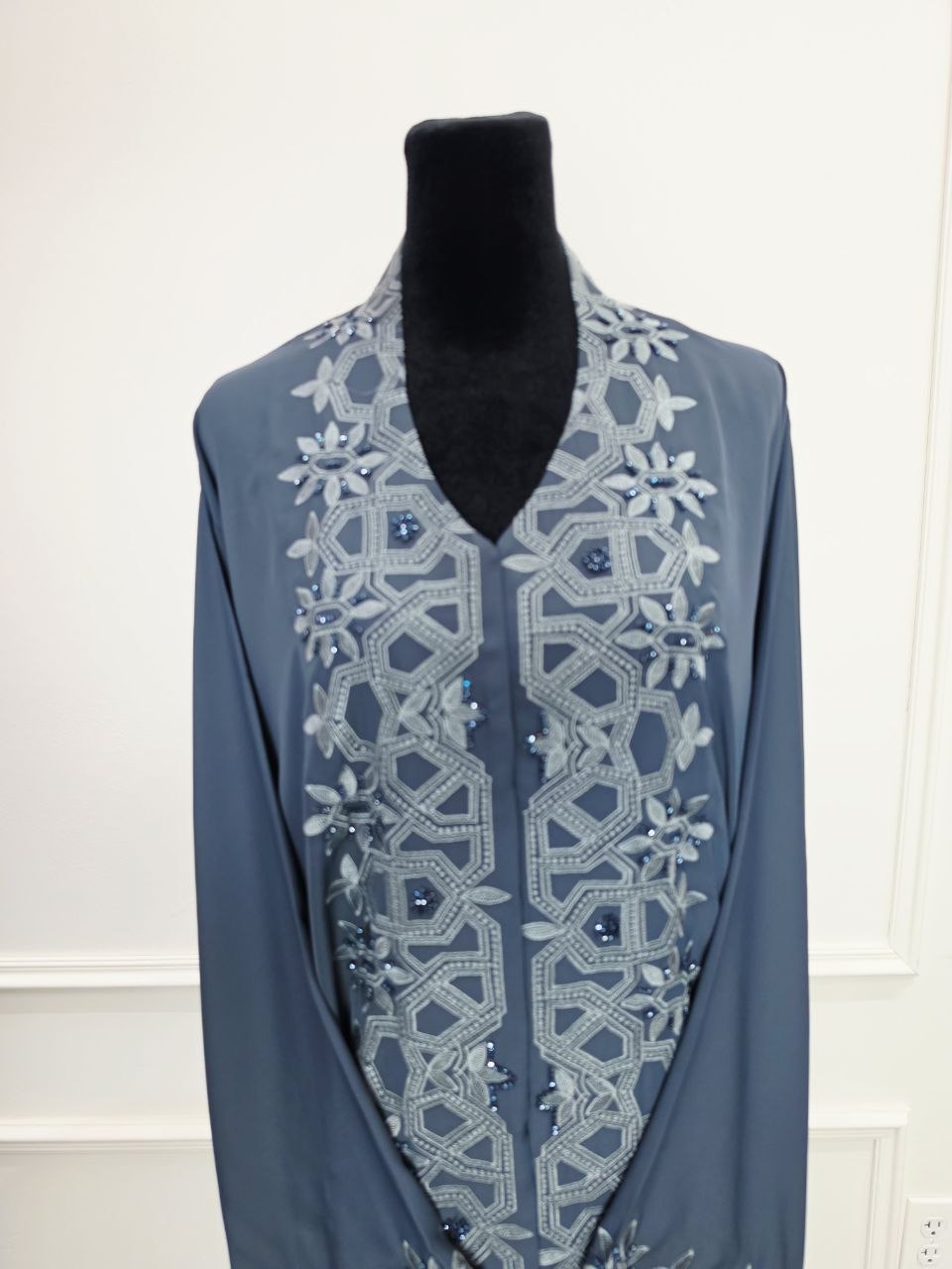 Jawaher Abaya - Dark Gray angle view with embroidered front panels