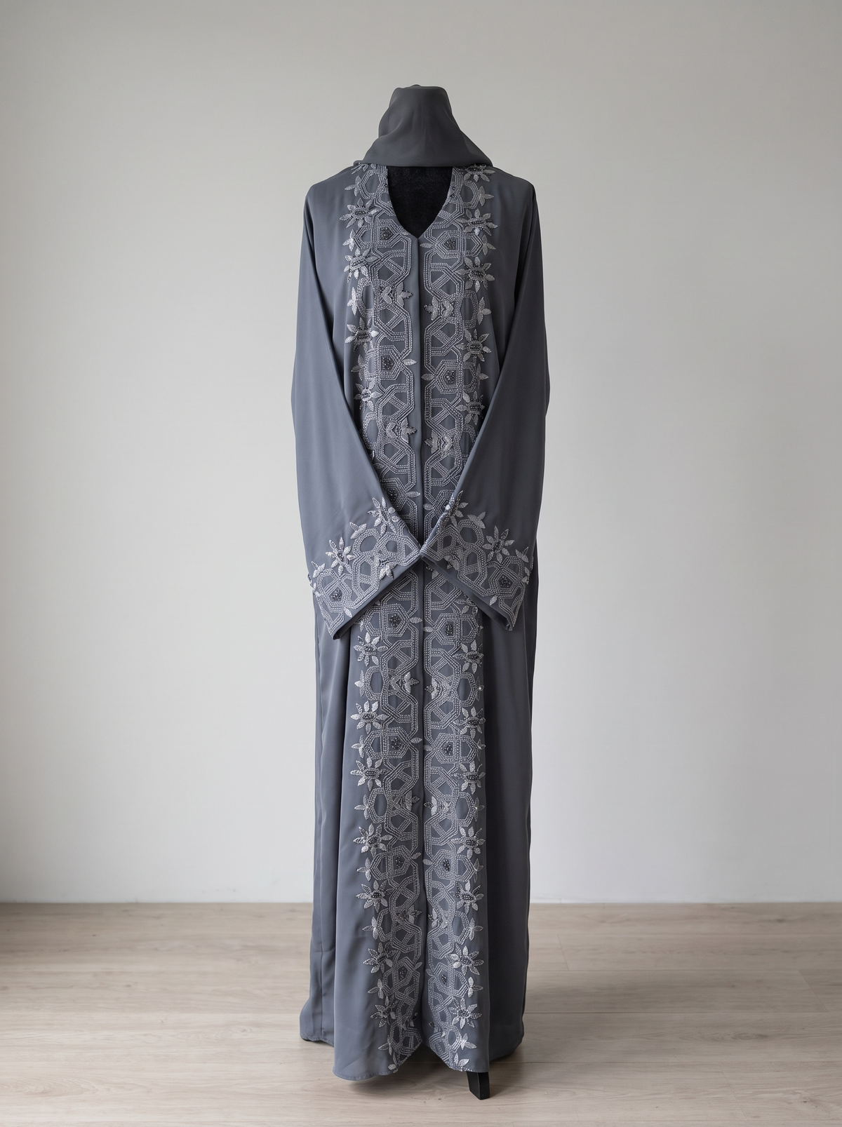 Jawaher Abaya - Dark Gray embroidery and stone detail close view