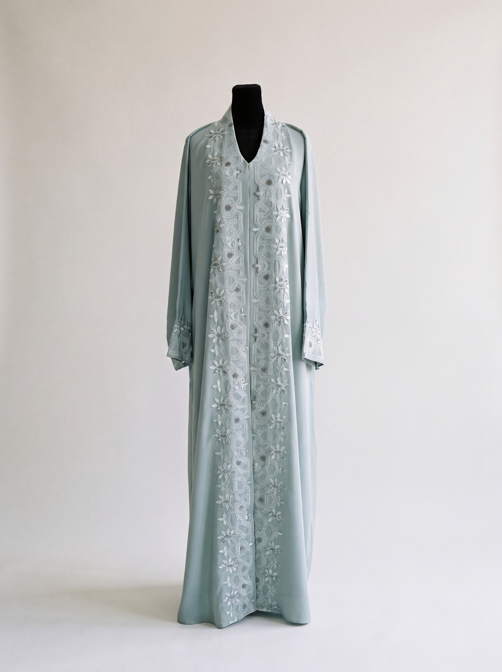 Jawaher Abaya - Mint front view with embroidery and stone detail