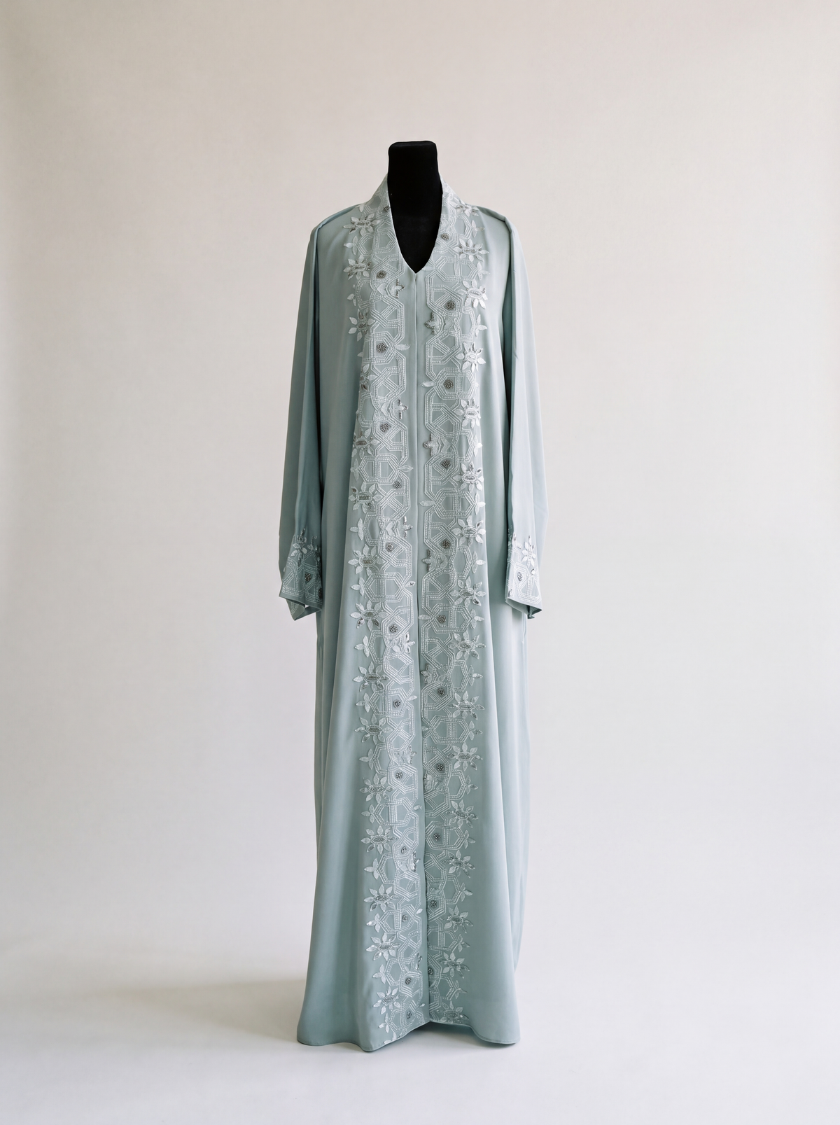 Jawaher Abaya - Mint front view with embroidery and stone detail
