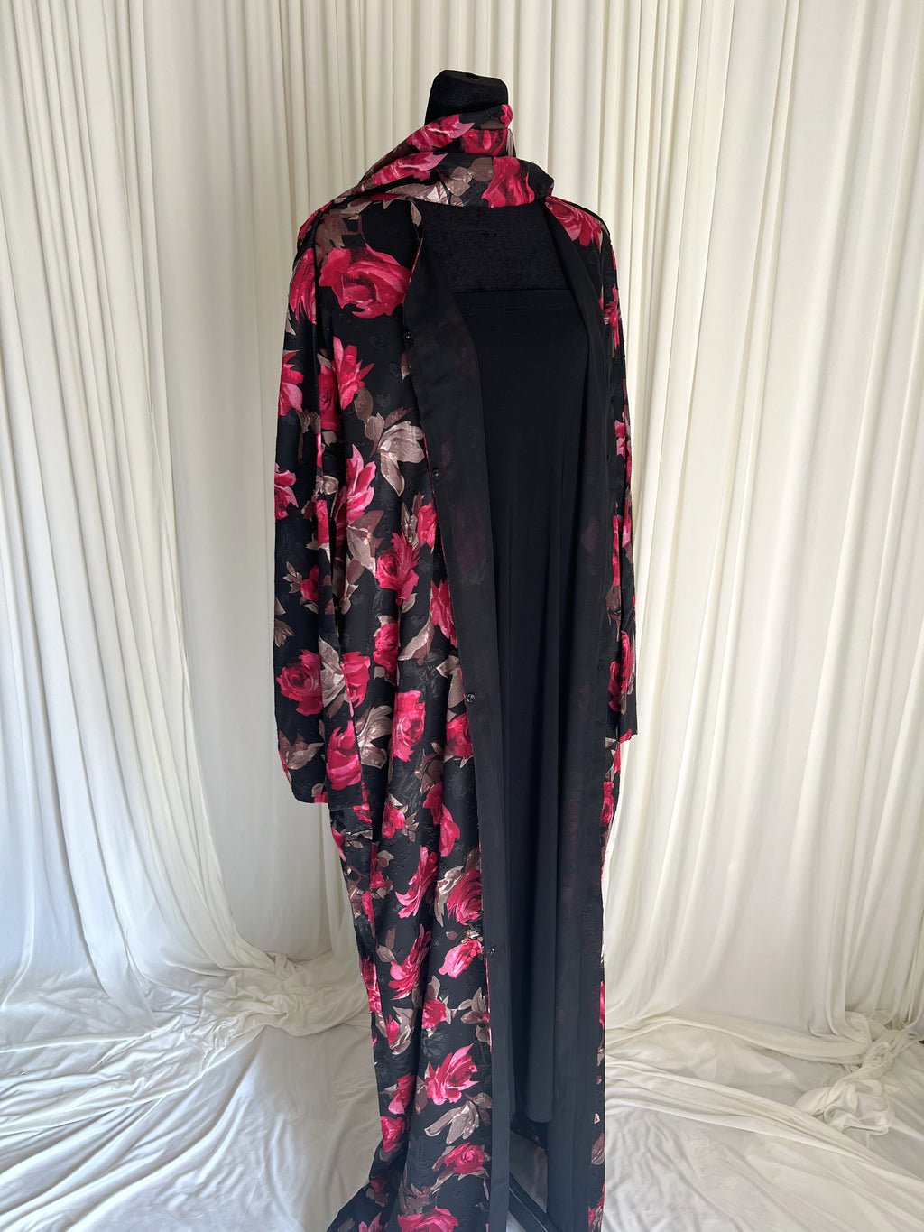 Jouri Rose Floral Double Chiffon Abaya Set front view on mannequin with matching hijab