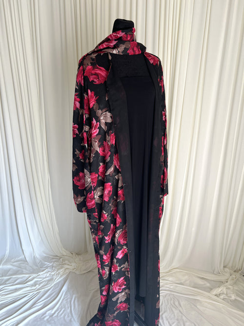 Jouri Rose Floral Double Chiffon Abaya Set front view on mannequin with matching hijab