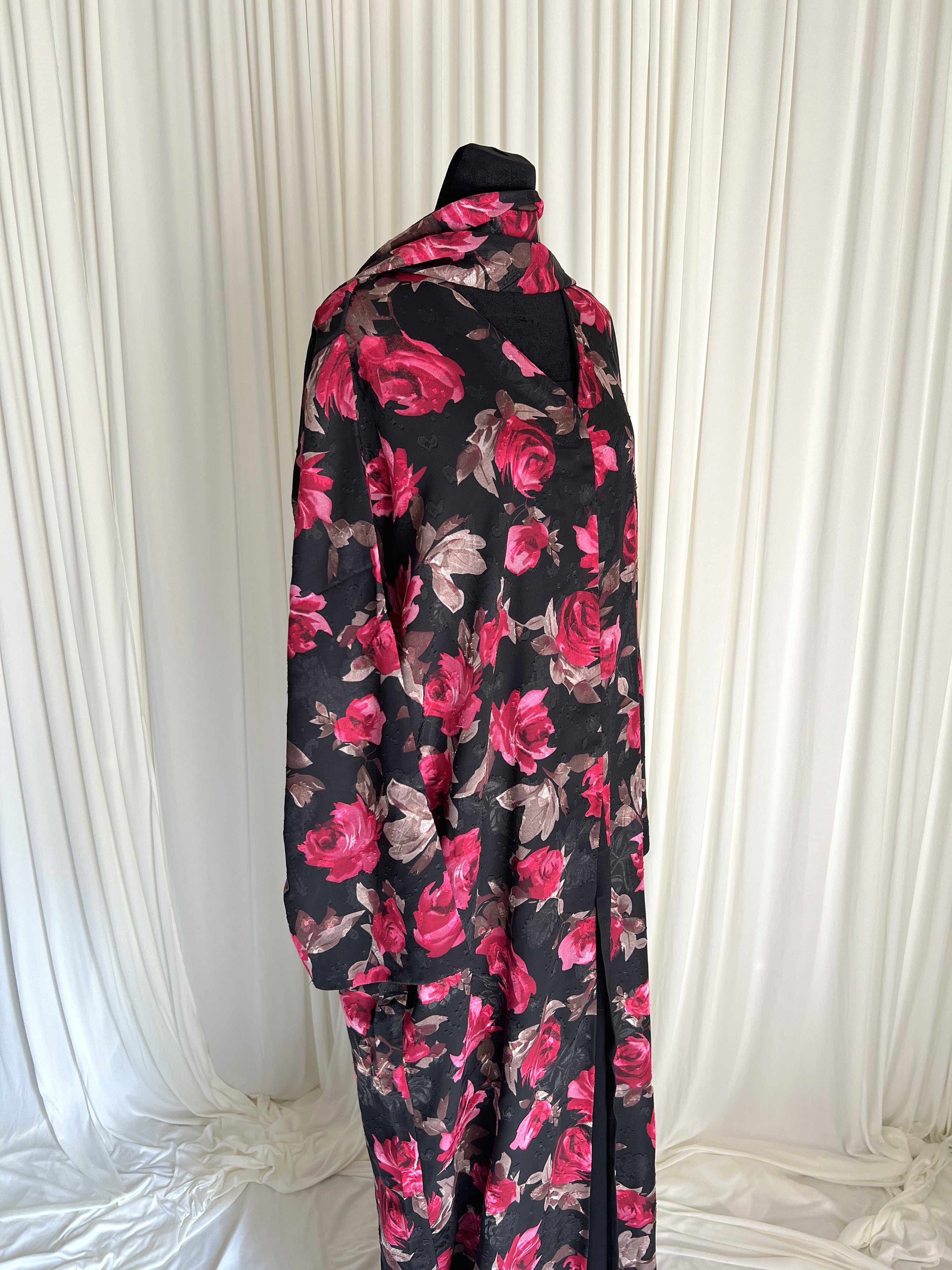 Jouri Rose Floral Double Chiffon Abaya Set angled side view