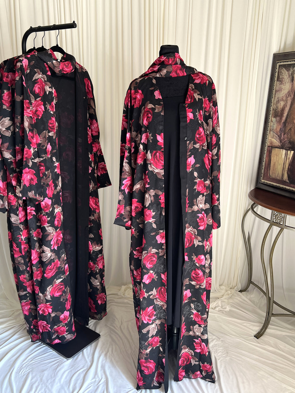 Jouri Rose Floral Double Chiffon Abaya Set abaya and hijab displayed together