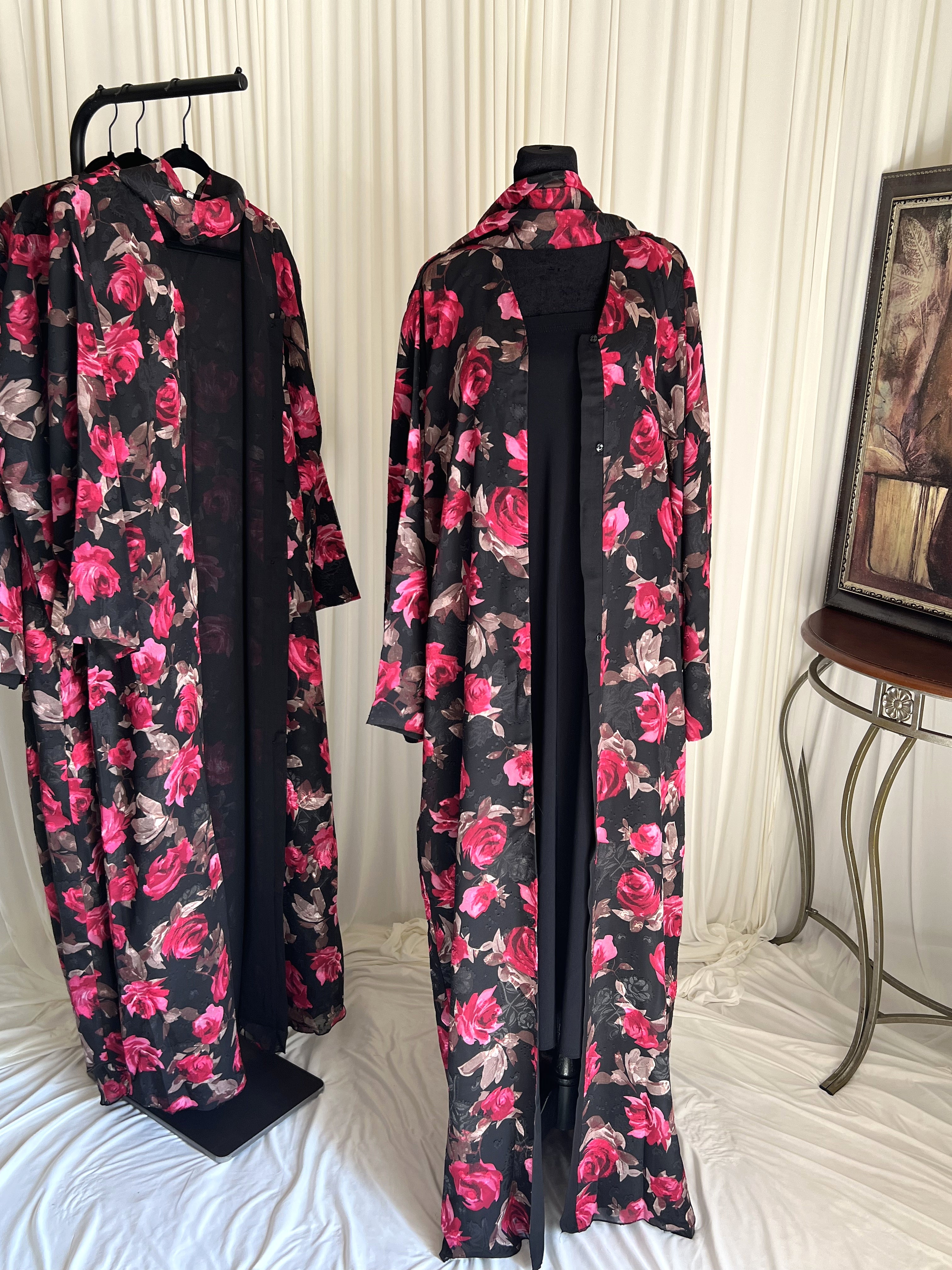 Jouri Rose Floral Double Chiffon Abaya Set abaya and hijab displayed together