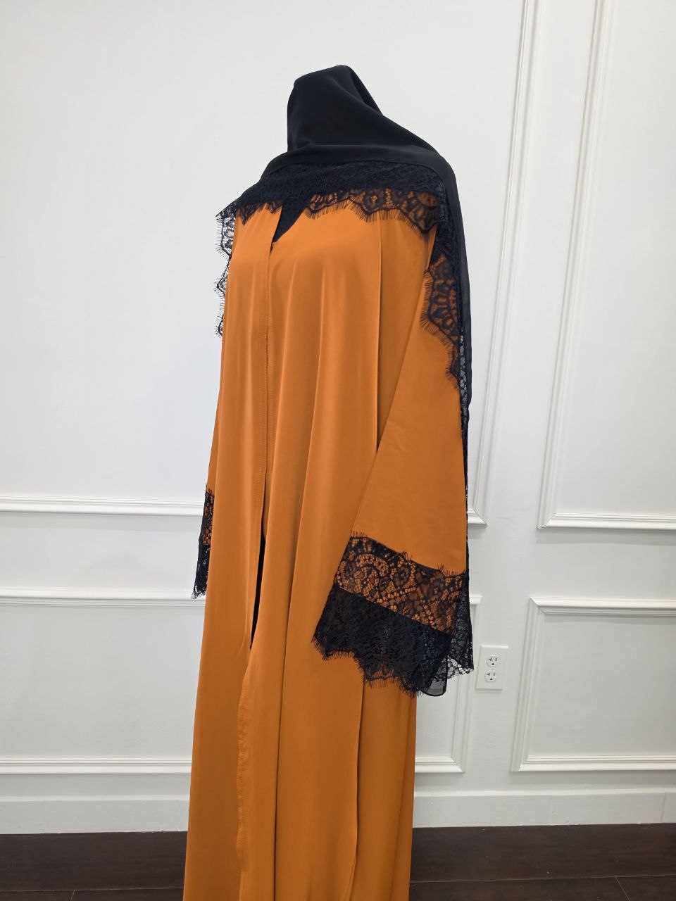 Layali Abaya - Burnt Orange black lace front view