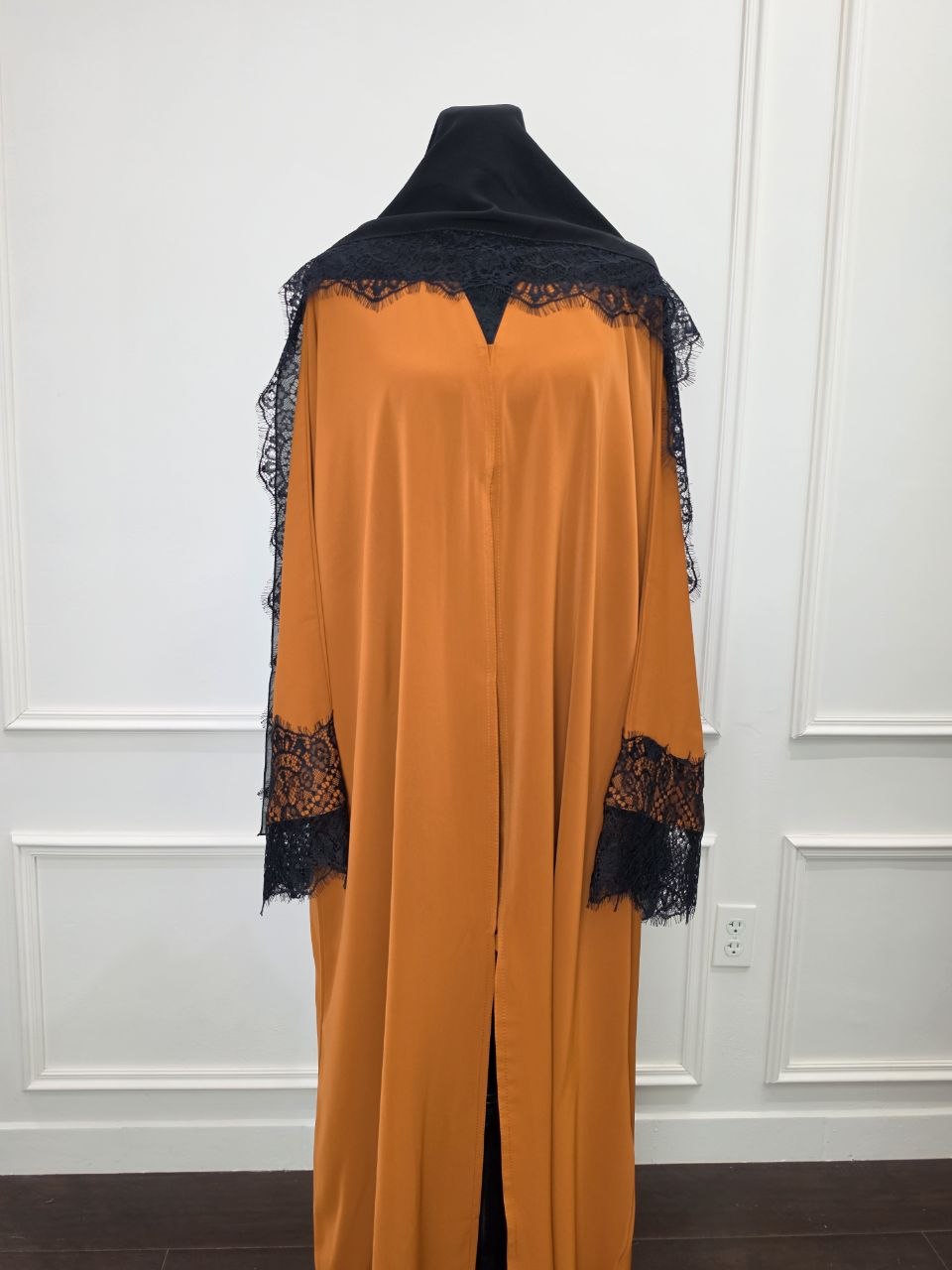 Layali Abaya - Burnt Orange black lace back view