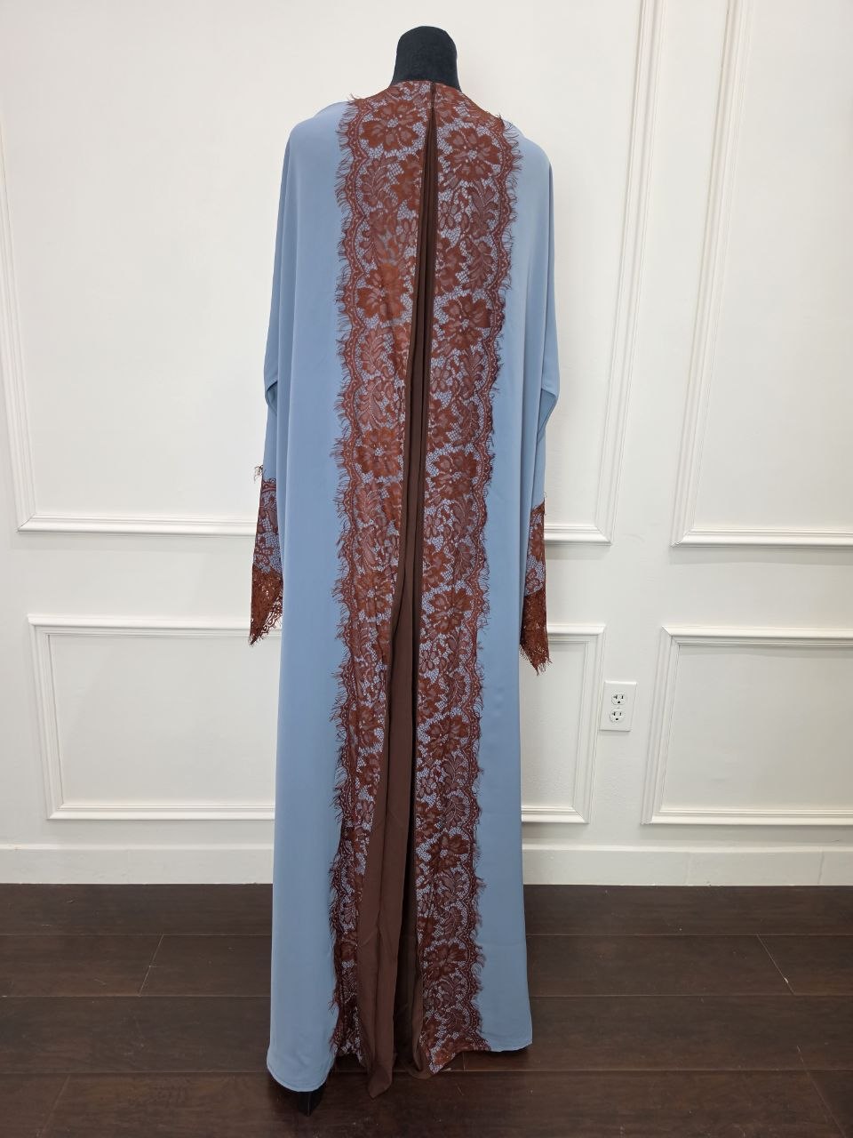Layali Abaya - Dusty Blue brown lace front view