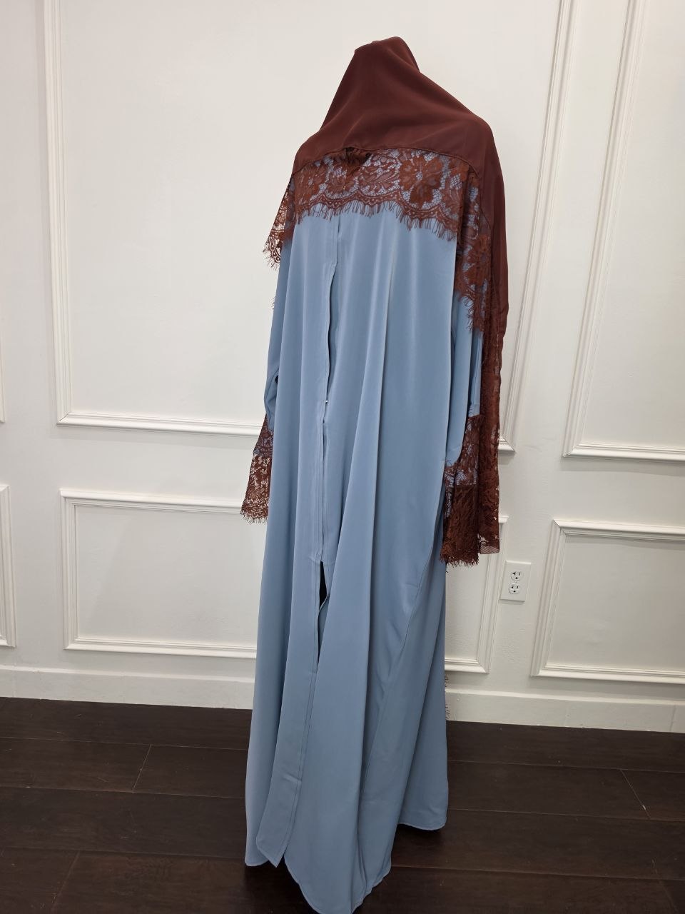 Layali Abaya - Dusty Blue brown lace back view