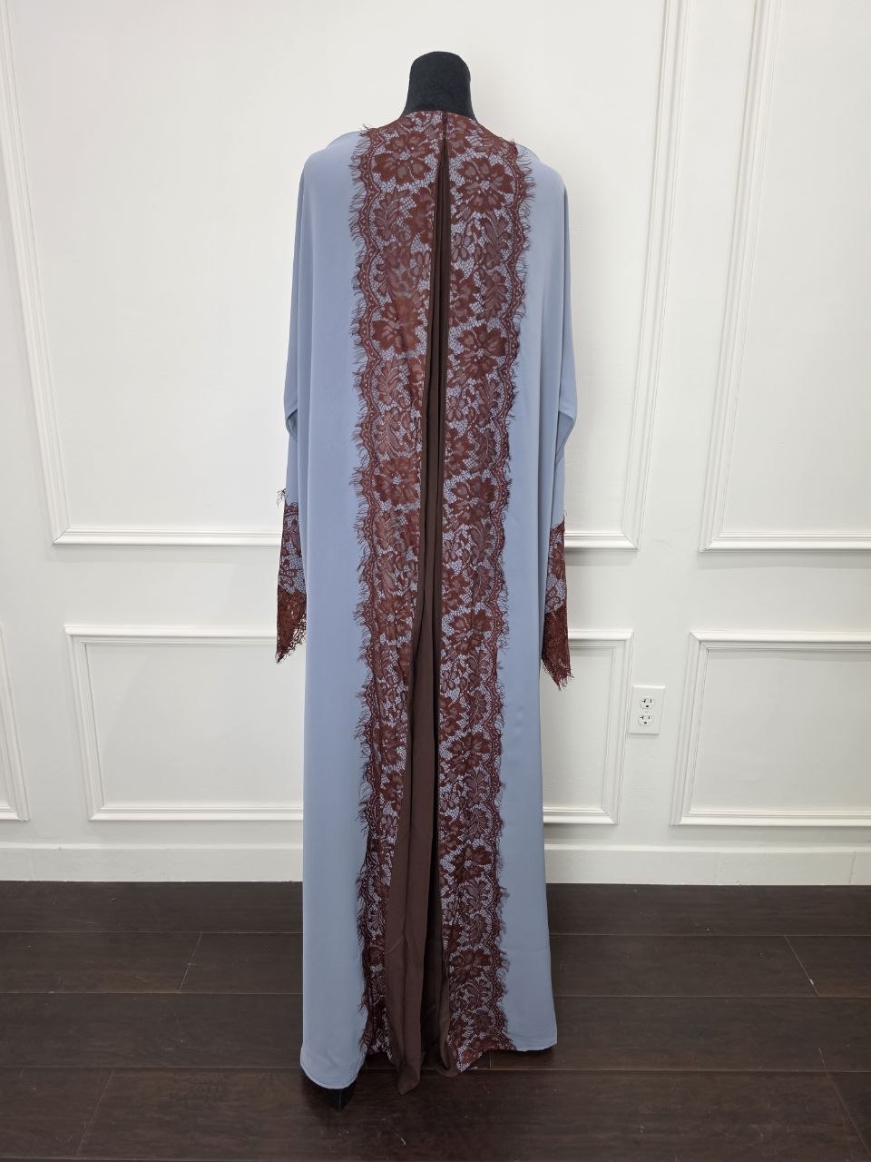 Layali Abaya - Dusty Blue brown lace detail view