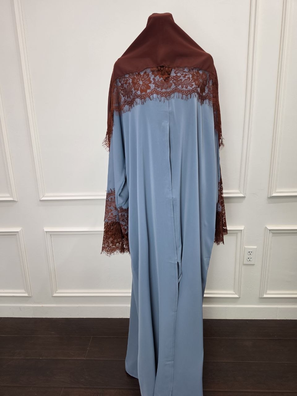 Layali Abaya - Dusty Blue lace angle view
