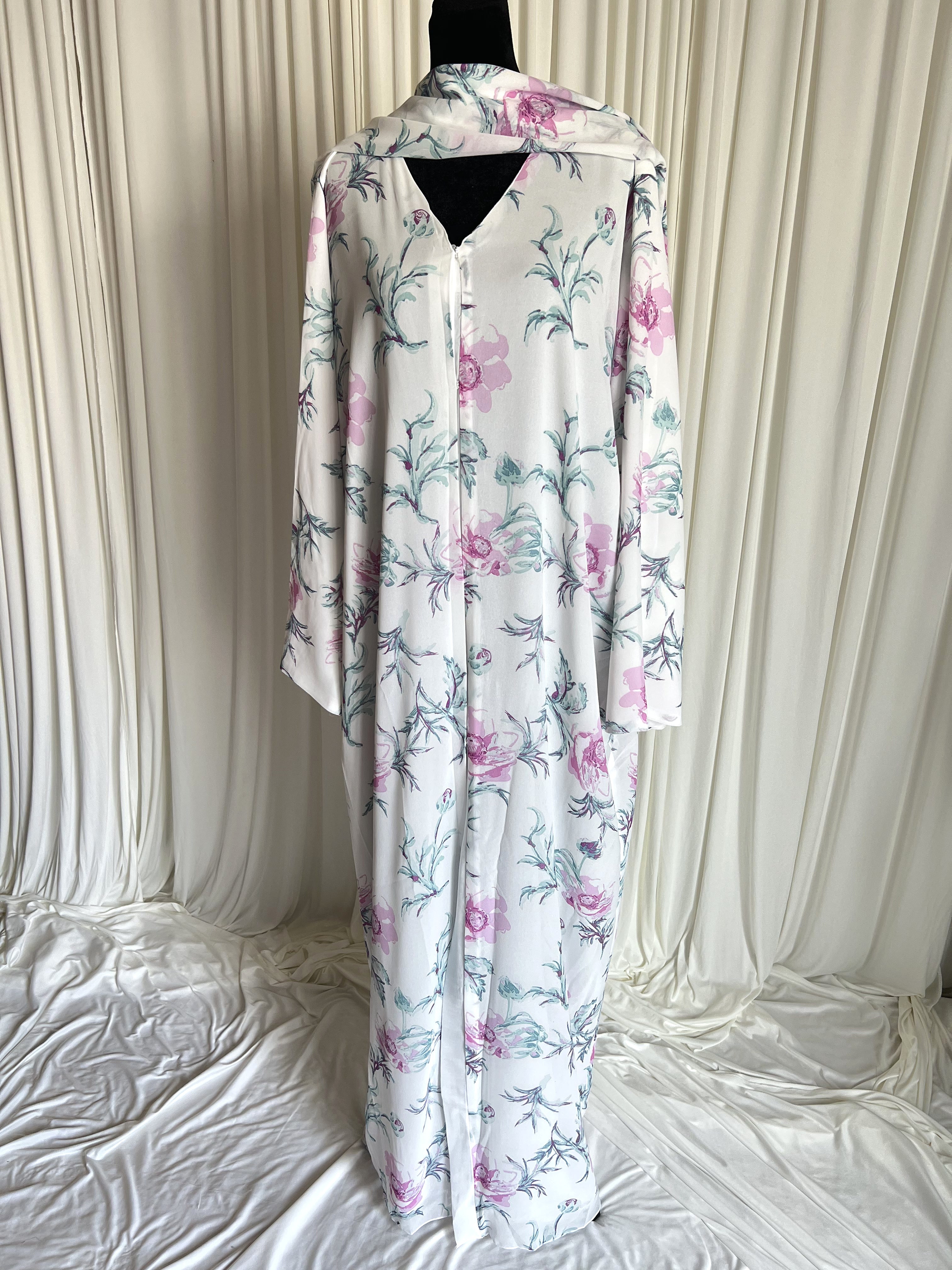 Lilac Mist Floral Double Chiffon Abaya Set front view on mannequin with matching hijab