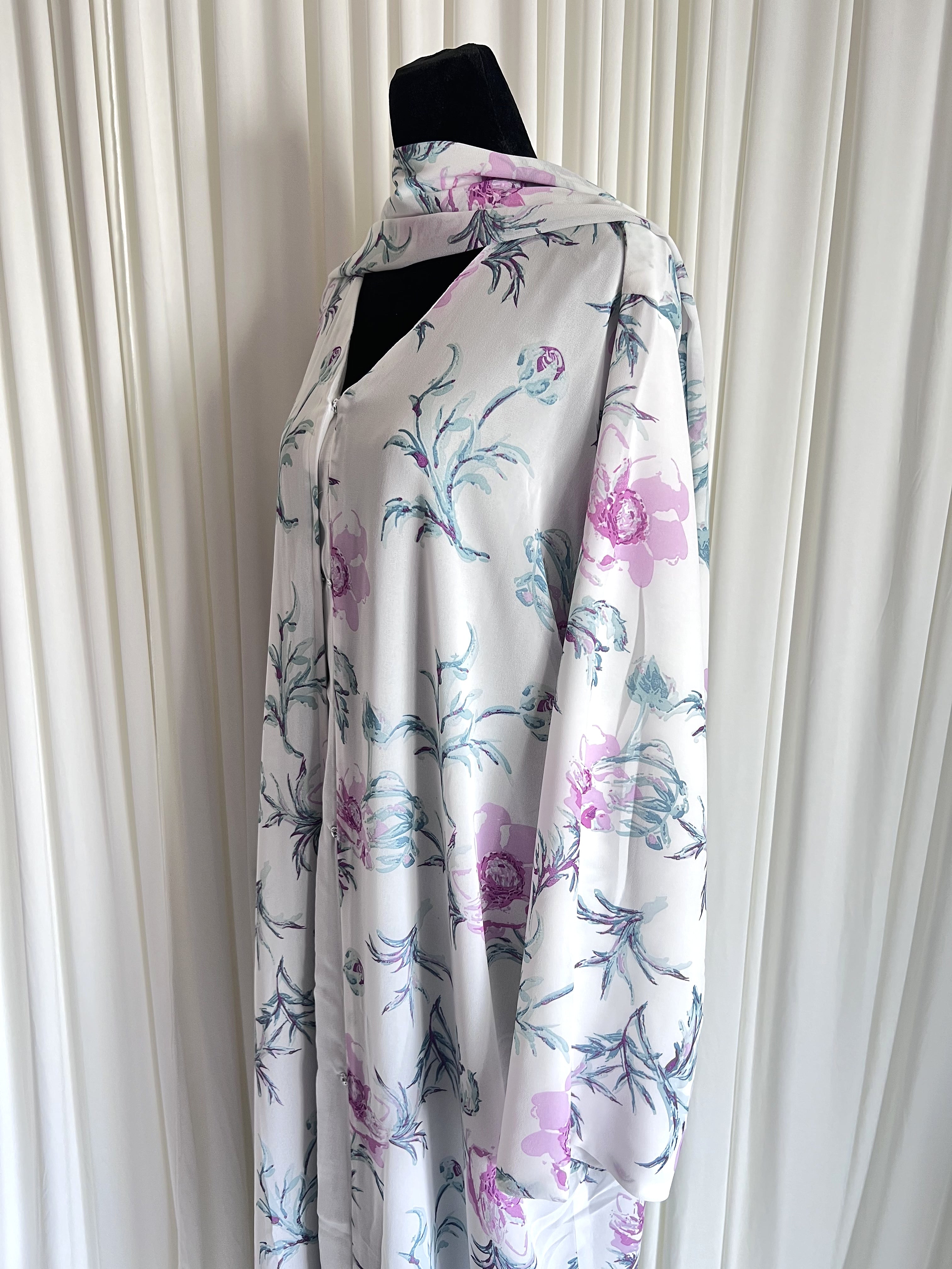 Lilac Mist Floral Double Chiffon Abaya Set angled side view