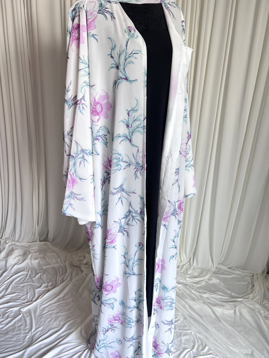 Lilac Mist Floral Double Chiffon Abaya Set open front with black inner dress