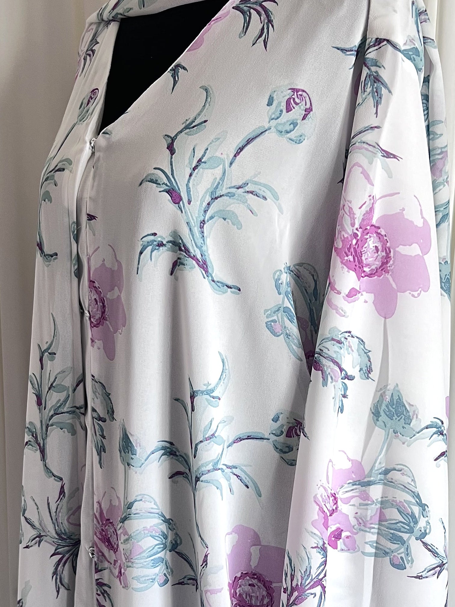 Lilac Mist Floral Double Chiffon Abaya Set watercolor floral print close up