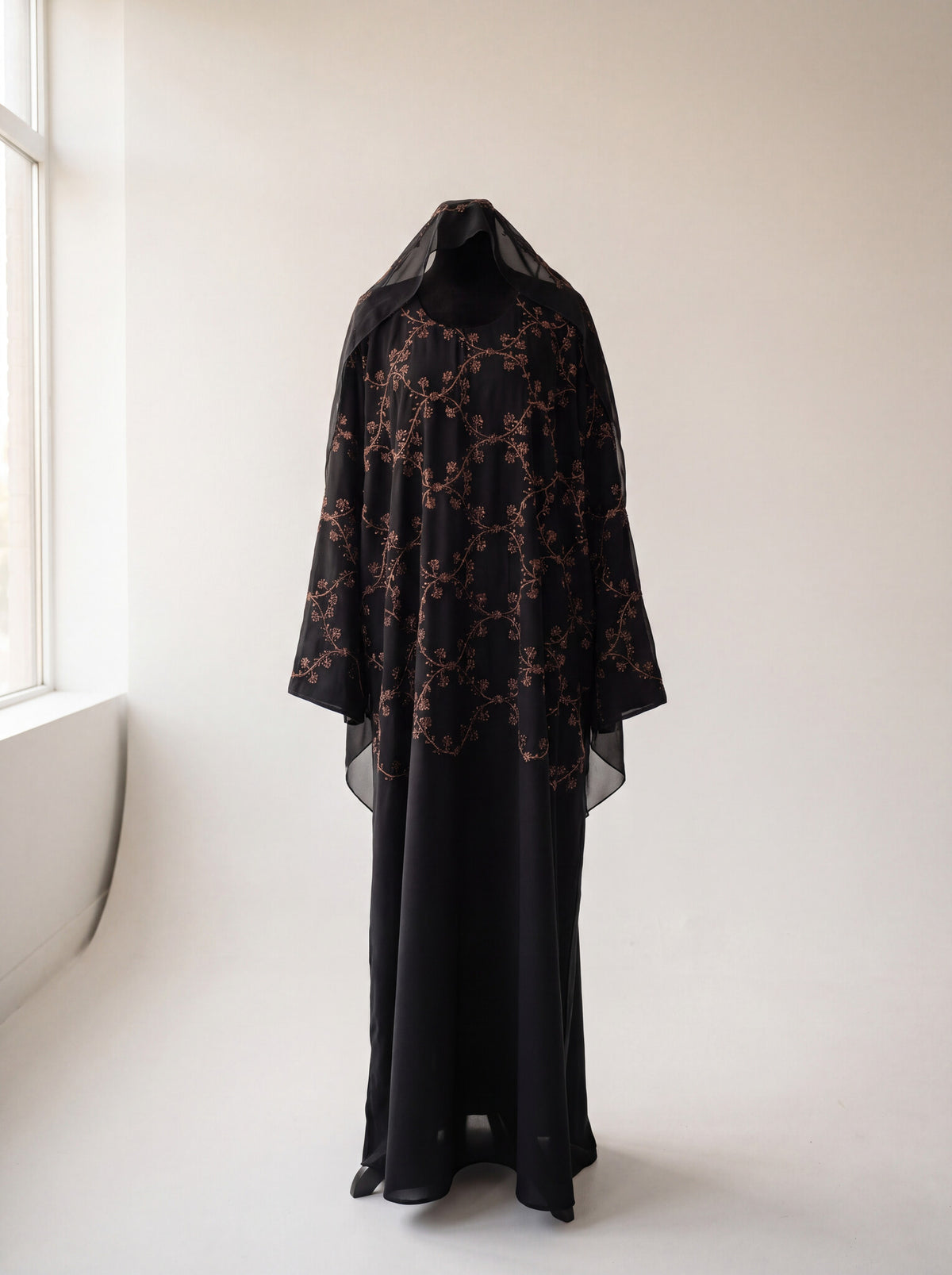 Midnight Vine Abaya - Bronze color front view with matching hijab