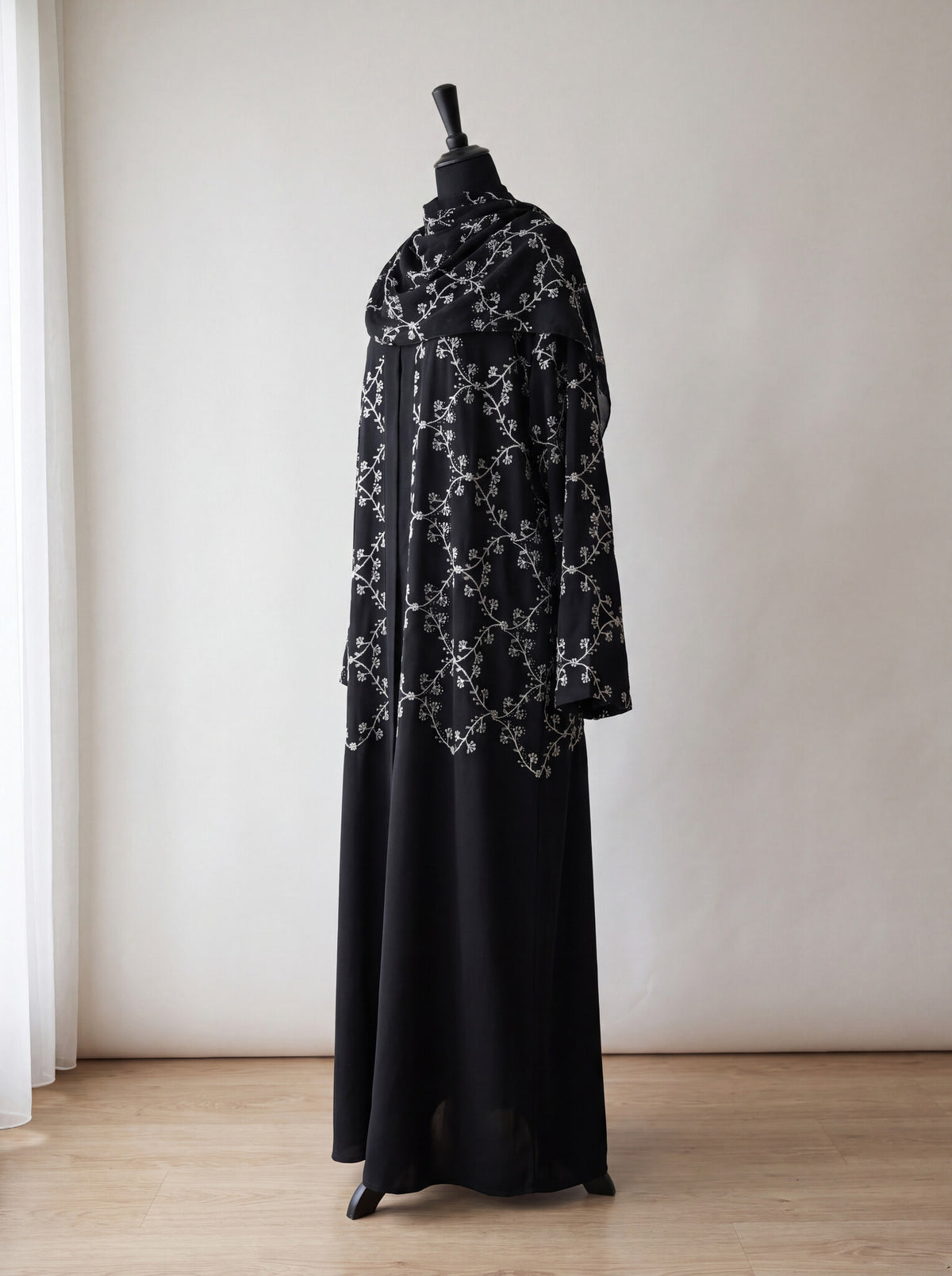 Midnight Vine Abaya - White Crystal Vine color with matching hijab