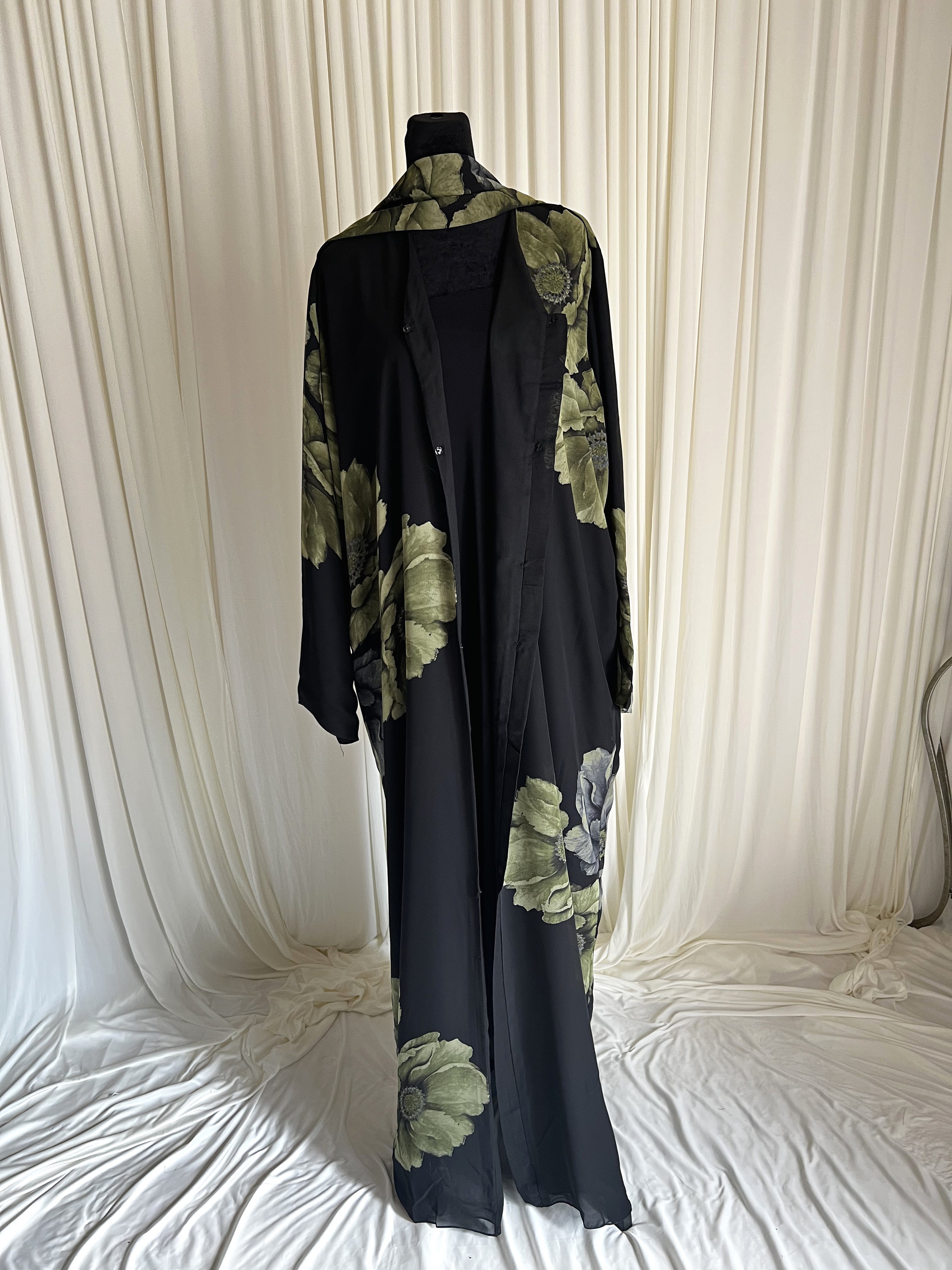 Nocturne Garden Floral Double Chiffon Abaya Set front view on mannequin with matching hijab