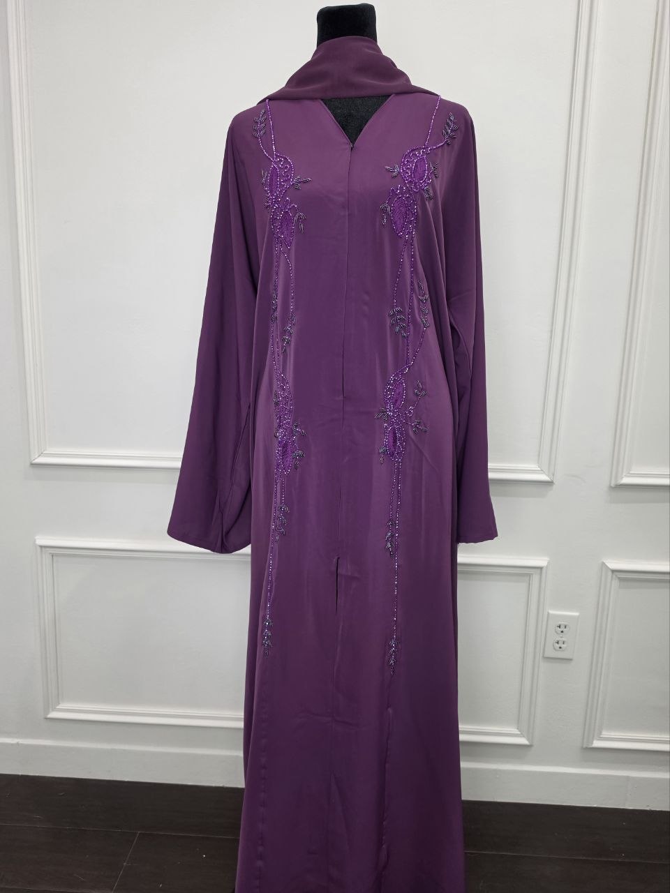 Balqees Abaya - Royal Plum front view with pearl floral vine embellishment