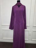 Balqees Abaya - Royal Plum front view with pearl floral vine embellishment