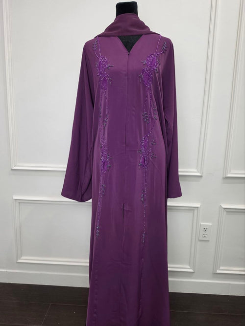 Balqees Abaya - Royal Plum front view with pearl floral vine embellishment