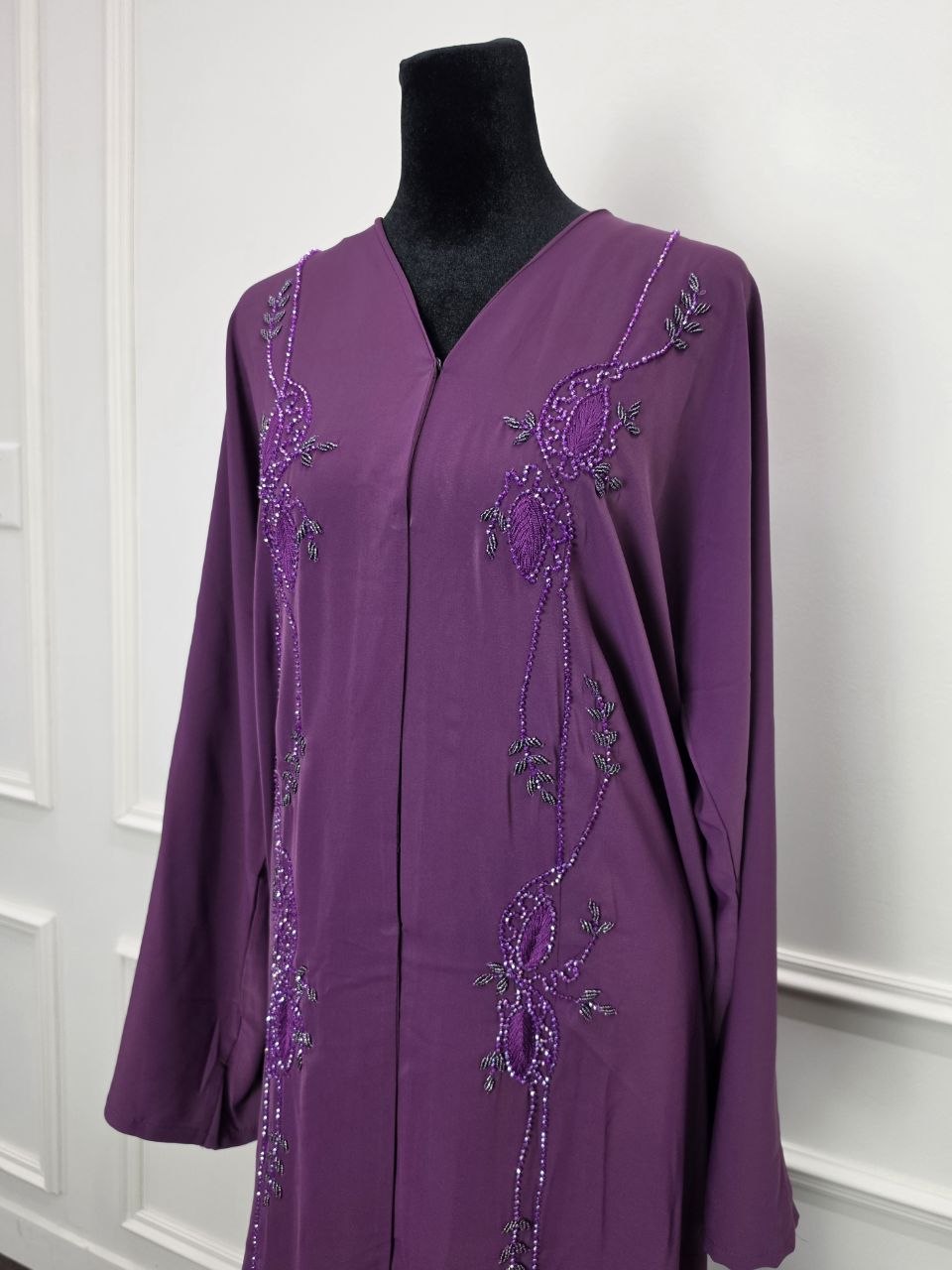 Balqees Abaya - Royal Plum pearl vine detail close-up