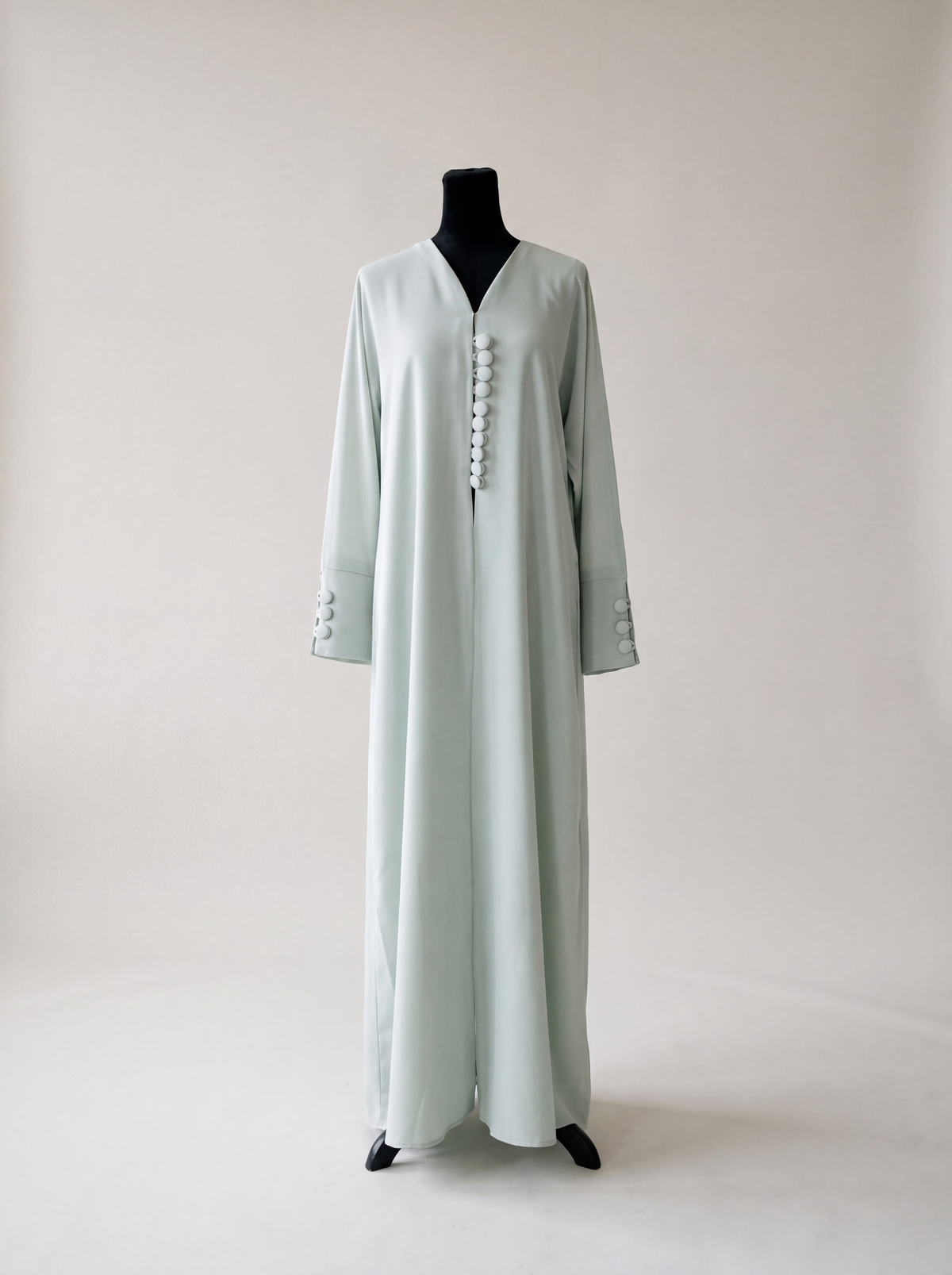 Hala Abaya - Soft Mint front view alternate with button detail