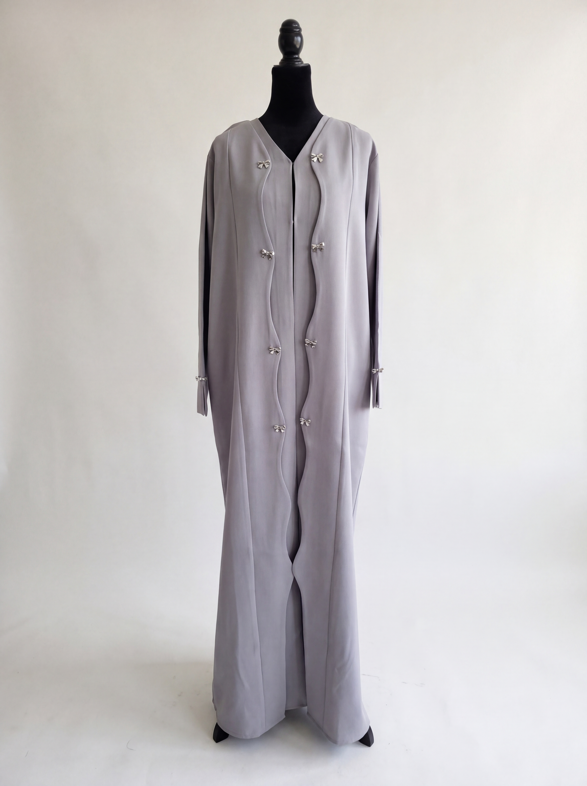 Raneem Abaya - Light Gray front view with bow clasp details