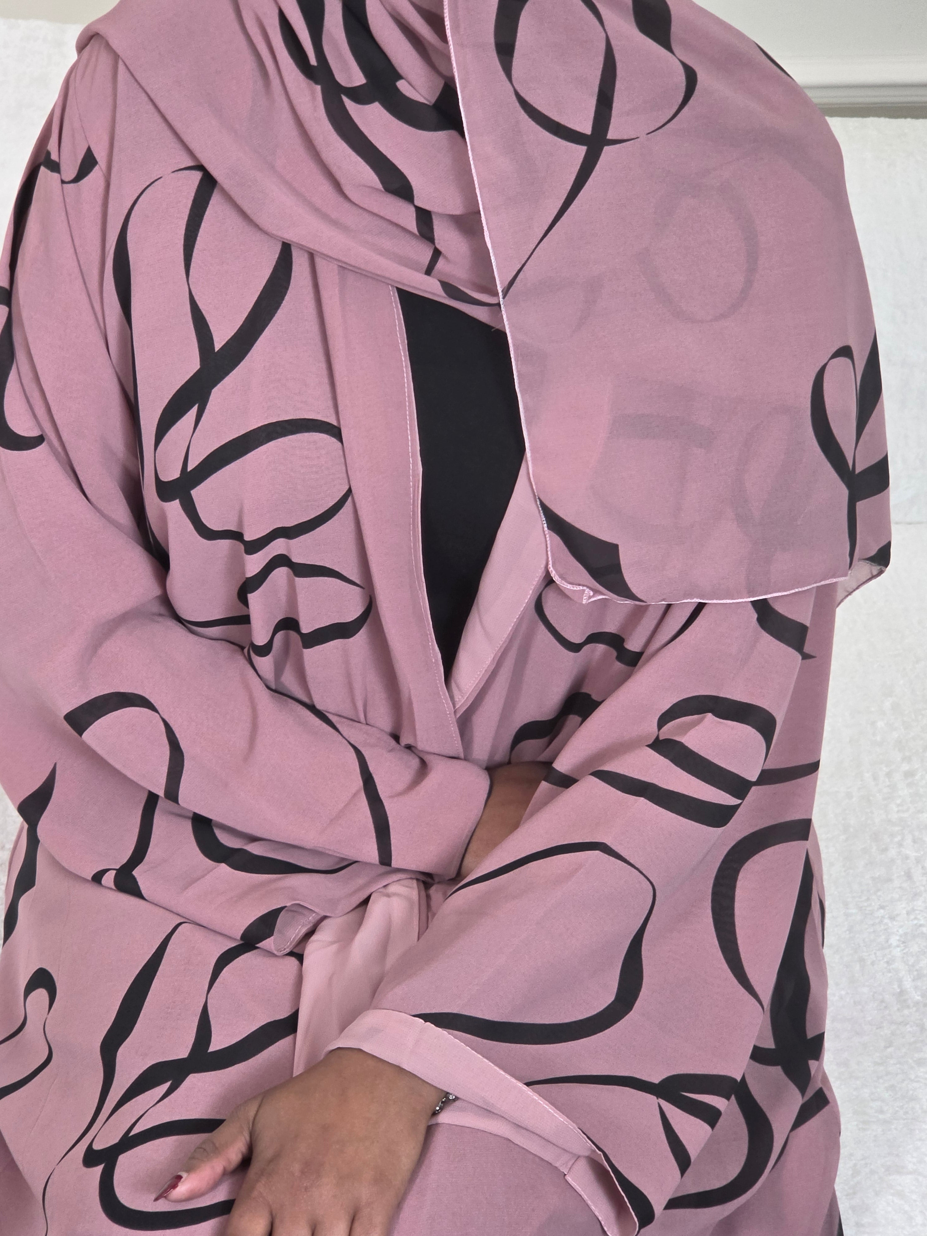 Antique rose striped double chiffon open abaya set for modern modest fashion