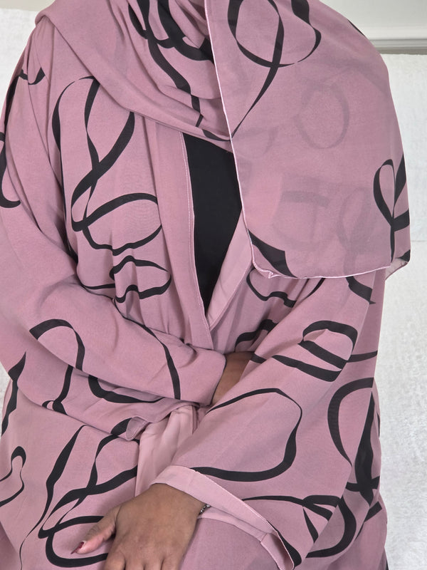 Antique Rose Stripe Double Chiffon Open Abaya Set