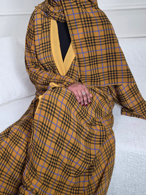 Saffron Grid Plaid Double Chiffon Open Abaya Set
