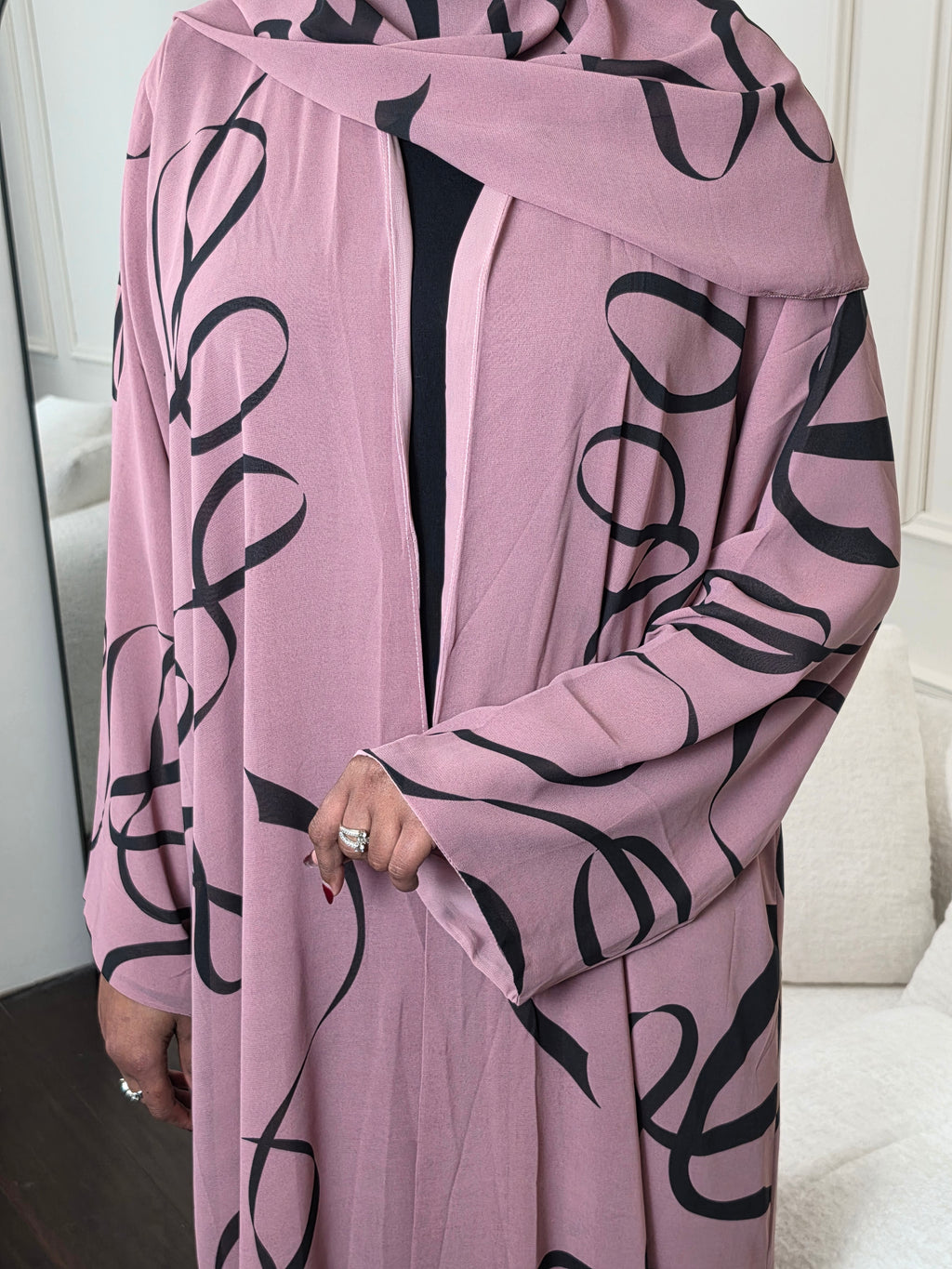 Antique rose and black stripe chiffon abaya with matching hijab for Eid and events
