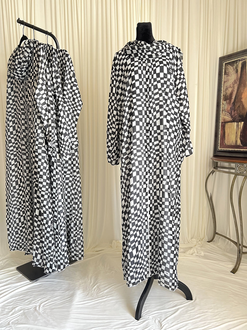 Royal Chess Checkered Double Chiffon Abaya Set front view on mannequin with matching hijab