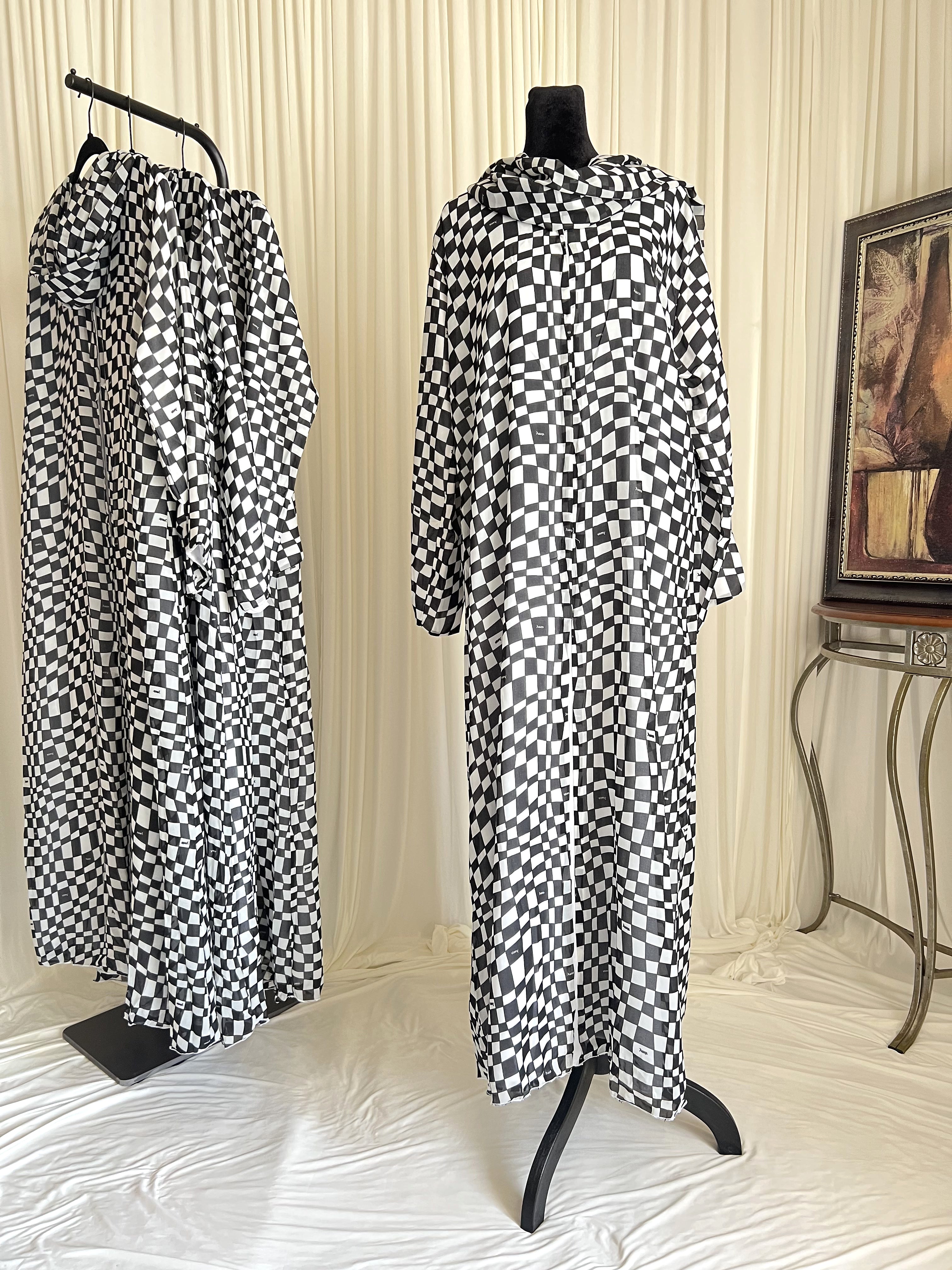 Royal Chess Checkered Double Chiffon Abaya Set front view on mannequin with matching hijab